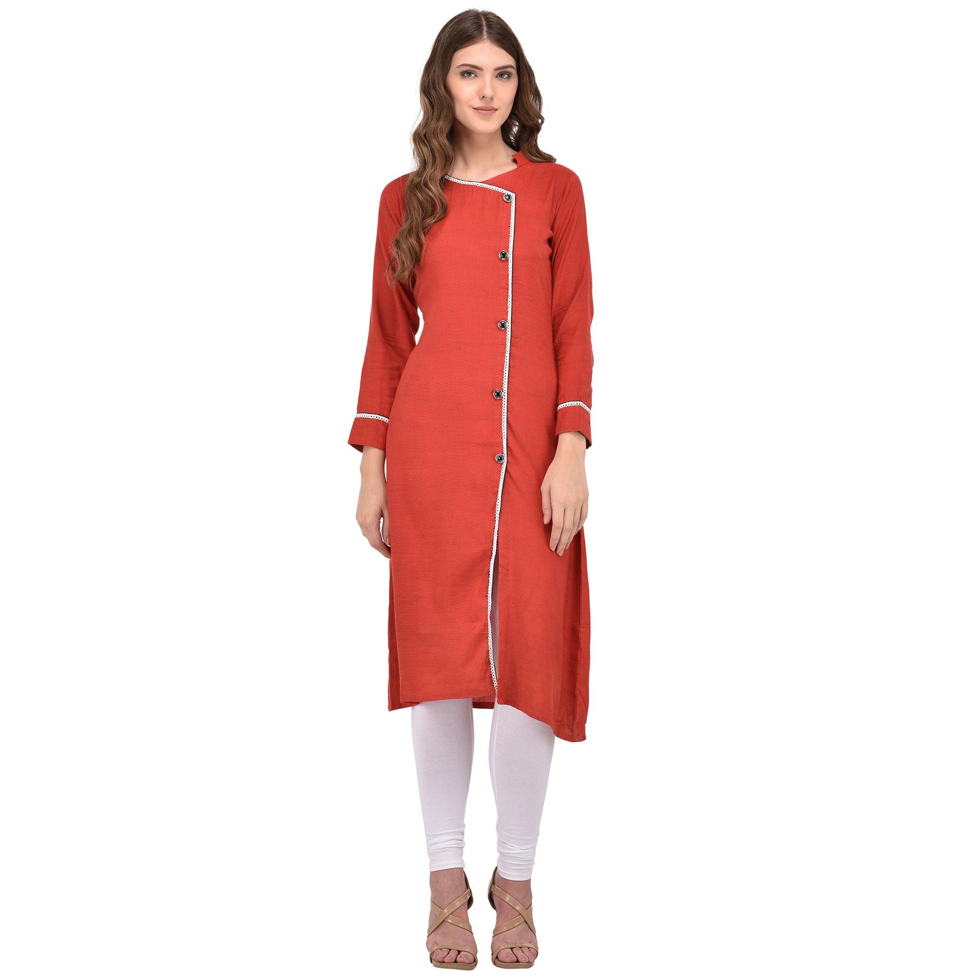 Orange Solid Rayon Kurti - Peachmode
