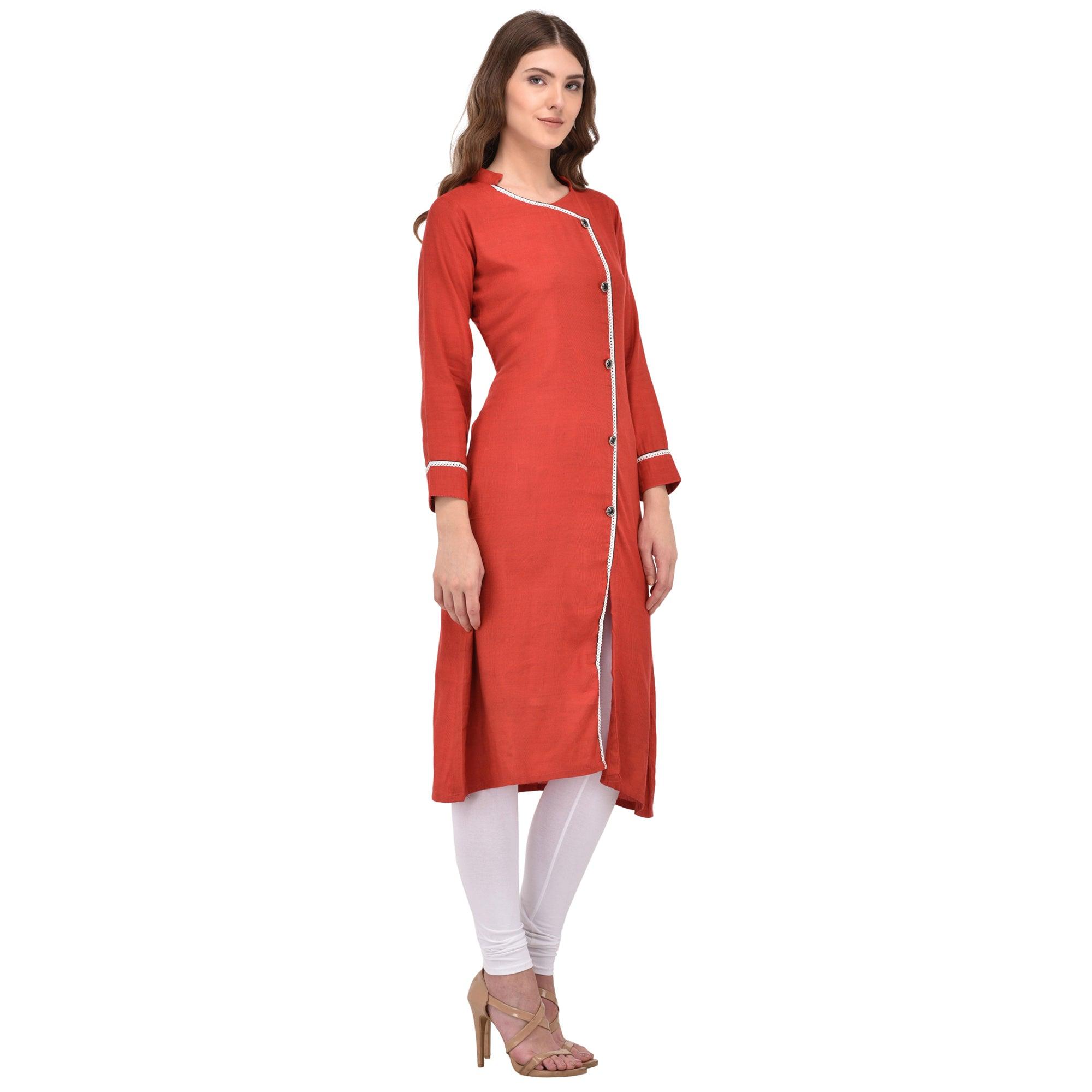 Orange Solid Rayon Kurti - Peachmode