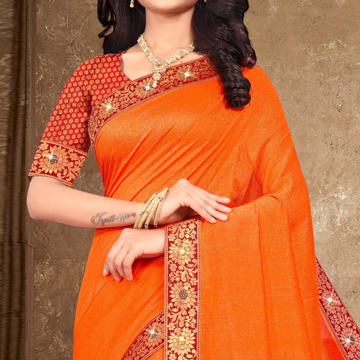 Orange Solid Vichitra Silk Saree - Peachmode