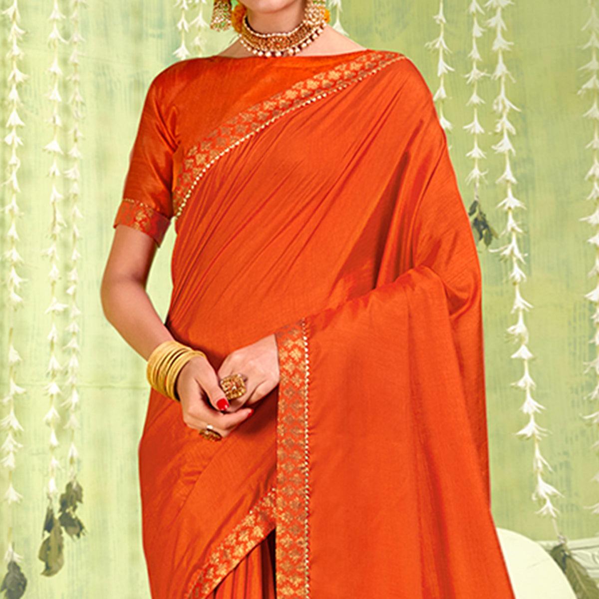 Orange Solid With Fancy Border Vichitra Silk Saree - Peachmode