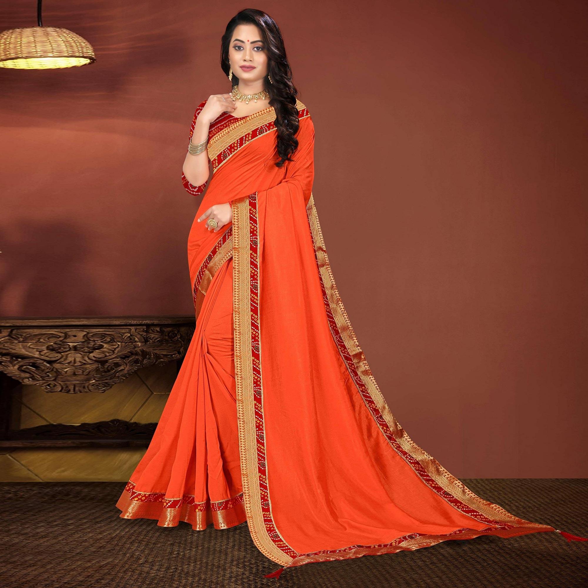 Orange Solid With Fancy Border Work Vichitra Silk Saree - Peachmode
