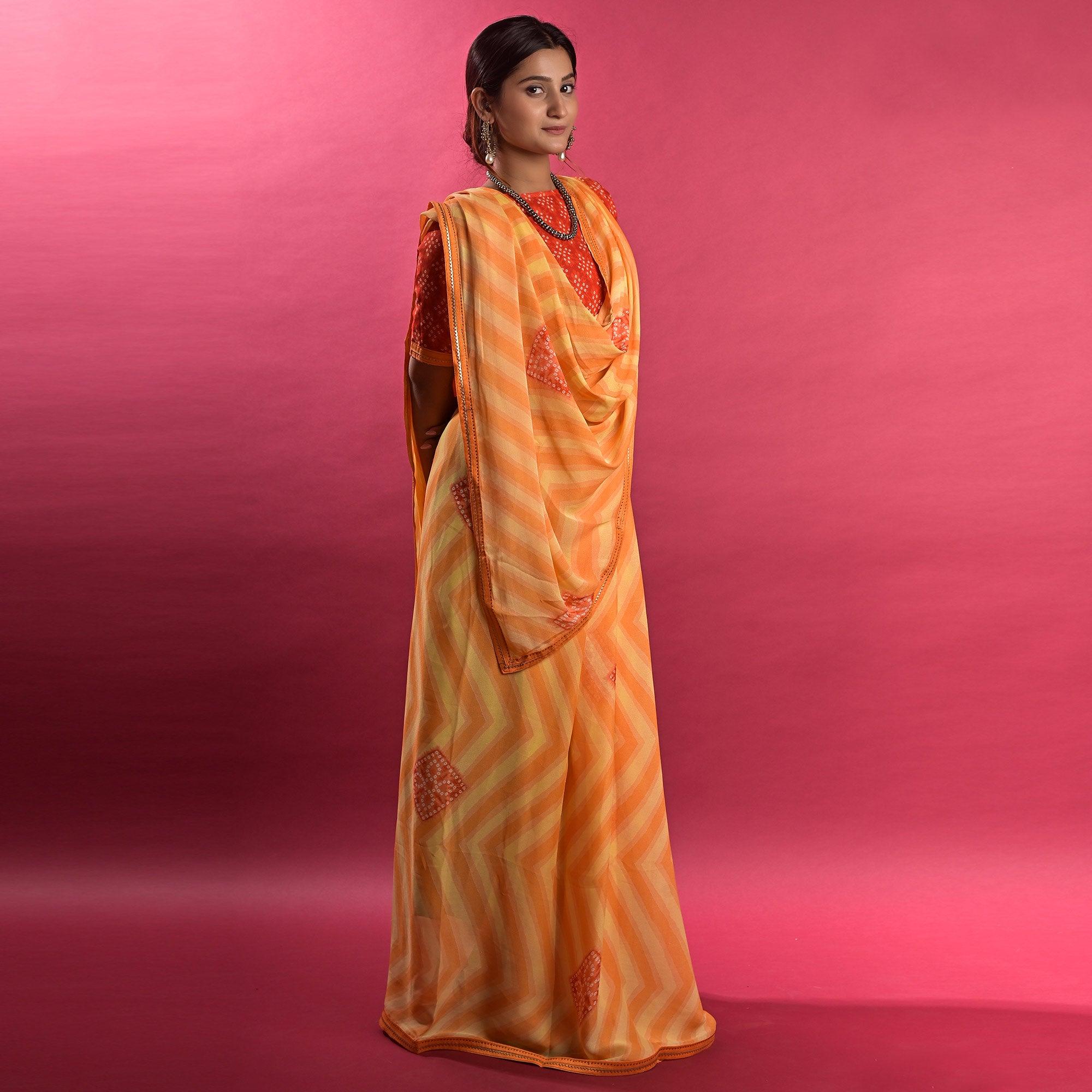 Orange Stripe Printed Chiffon Saree - Peachmode
