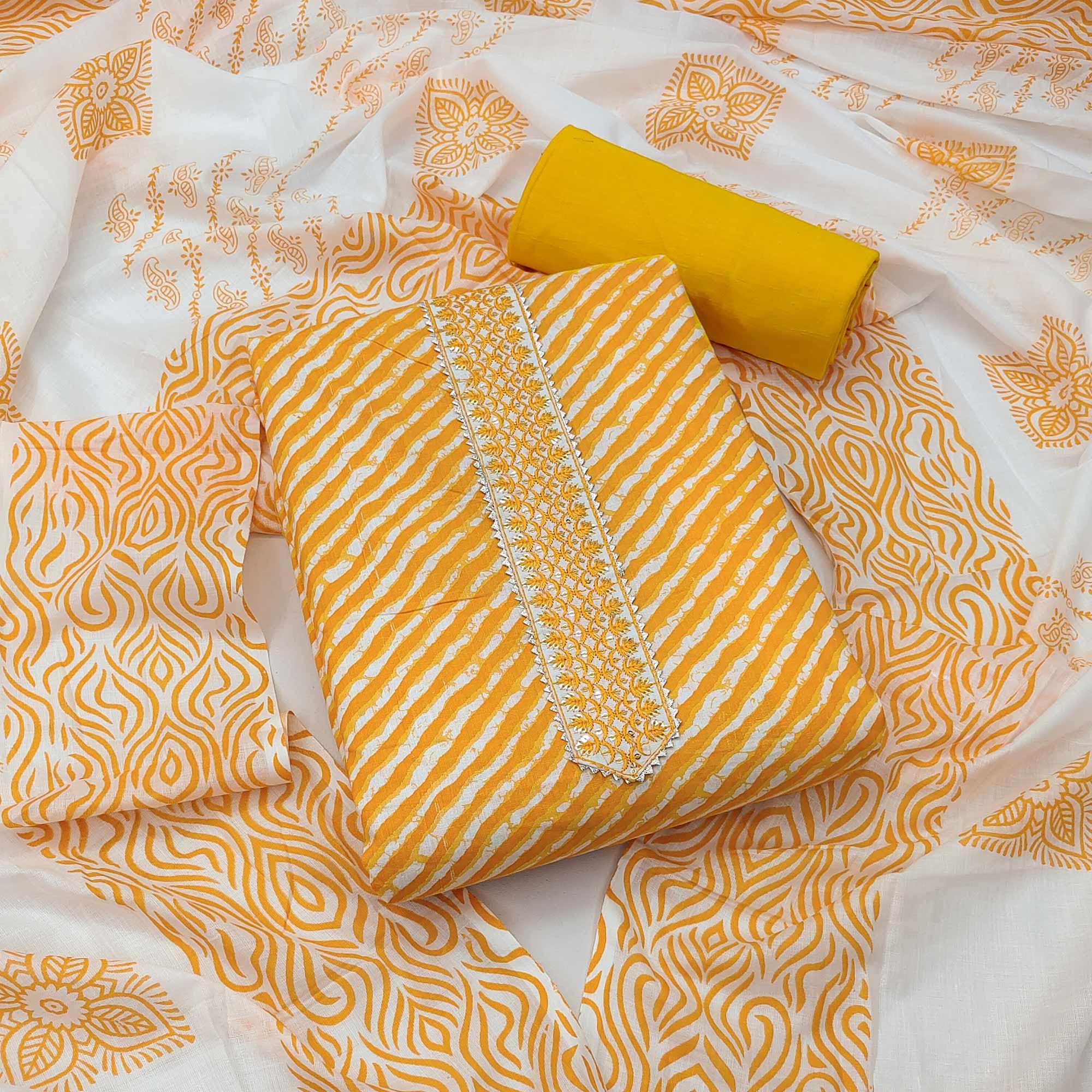 Orange Stripe Printed With Embroidered Poly Cotton Dress Material - Peachmode