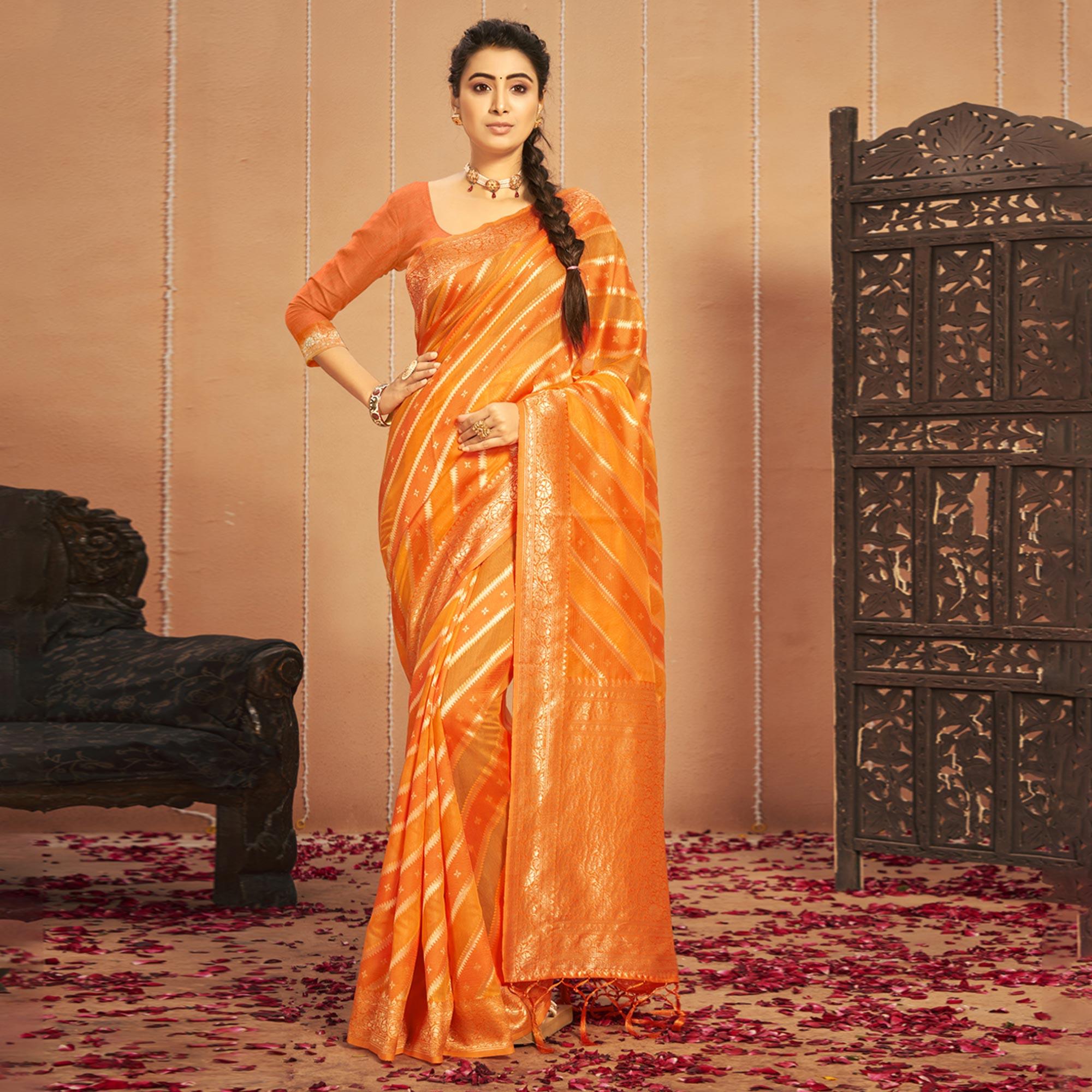 Orange Stripe With Woven Art Silk Saree - Peachmode