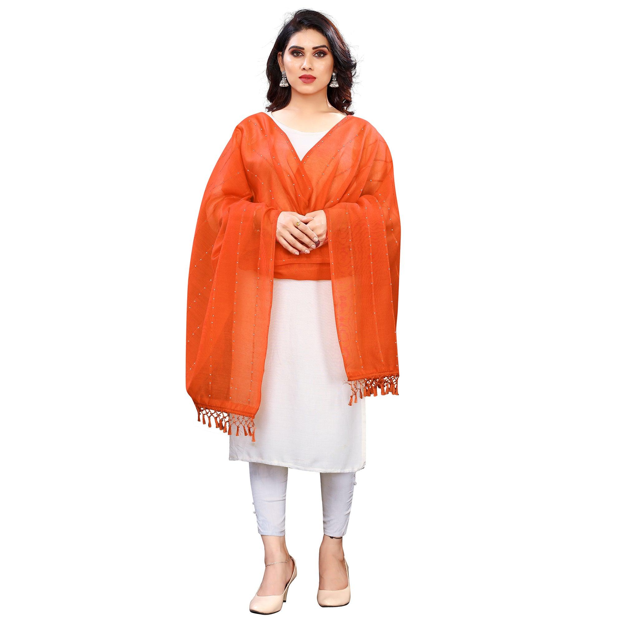 Orange Stripes Woven Sequence Festive Wear Cotton Silk Dupatta - Peachmode