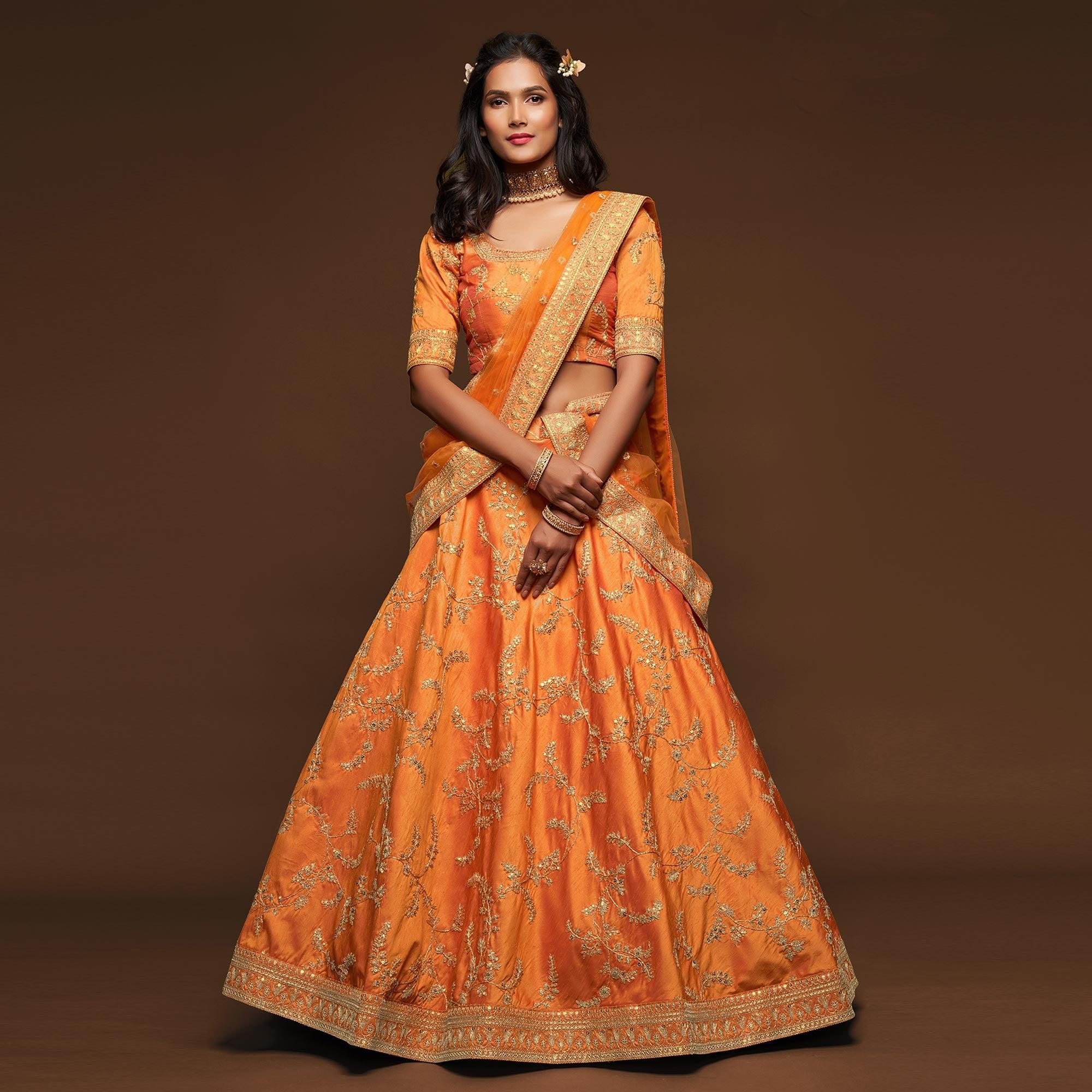 Orange Wedding Floral Sequins Embroidered Art Silk Lehenga Choli - Peachmode