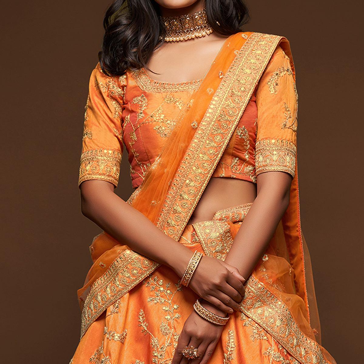 Orange Wedding Floral Sequins Embroidered Art Silk Lehenga Choli - Peachmode