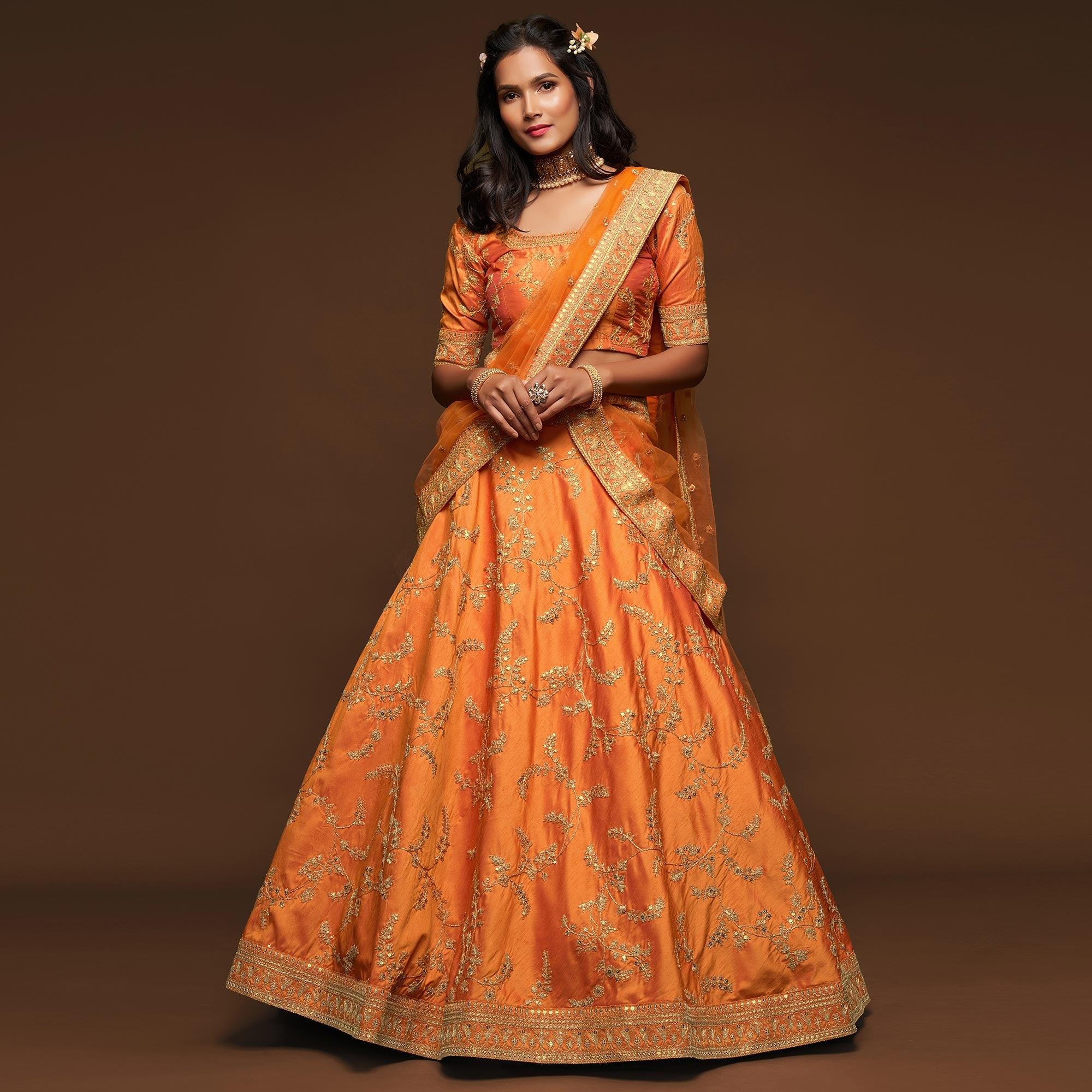 Orange Wedding Floral Sequins Embroidered Art Silk Lehenga Choli - Peachmode