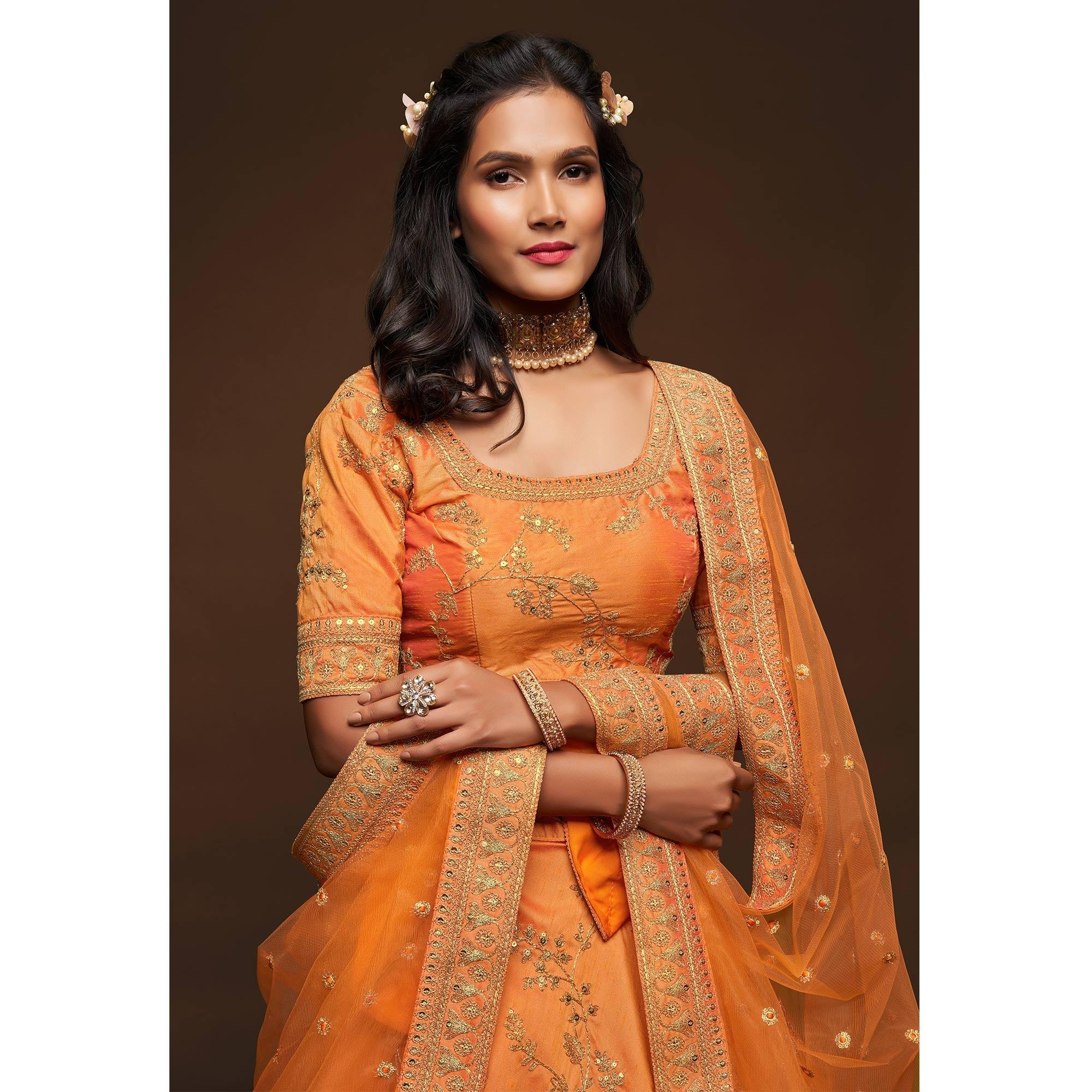 Orange Wedding Floral Sequins Embroidered Art Silk Lehenga Choli - Peachmode