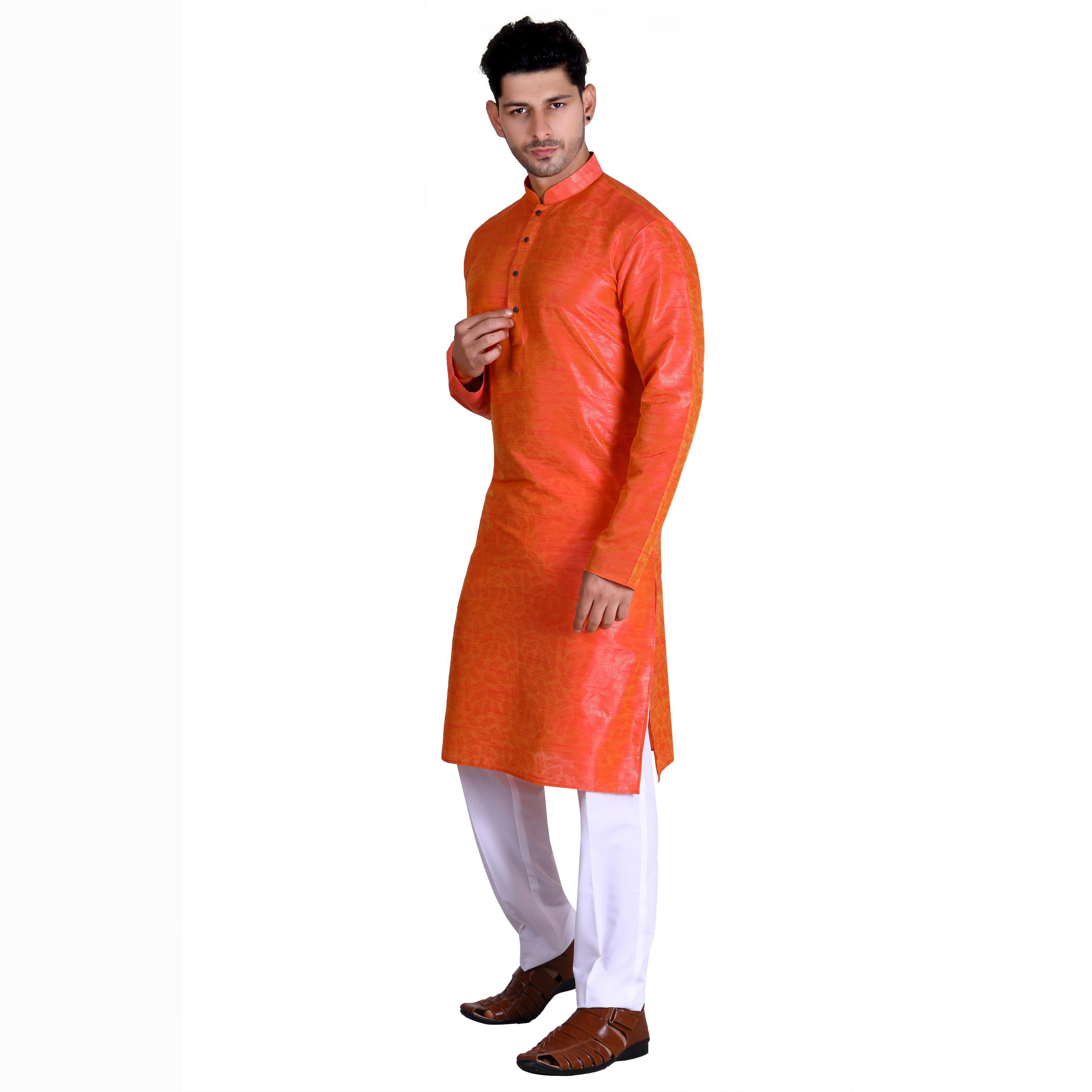 Orange Woven Art Silk Men's Kurta Pyjama Set - Peachmode