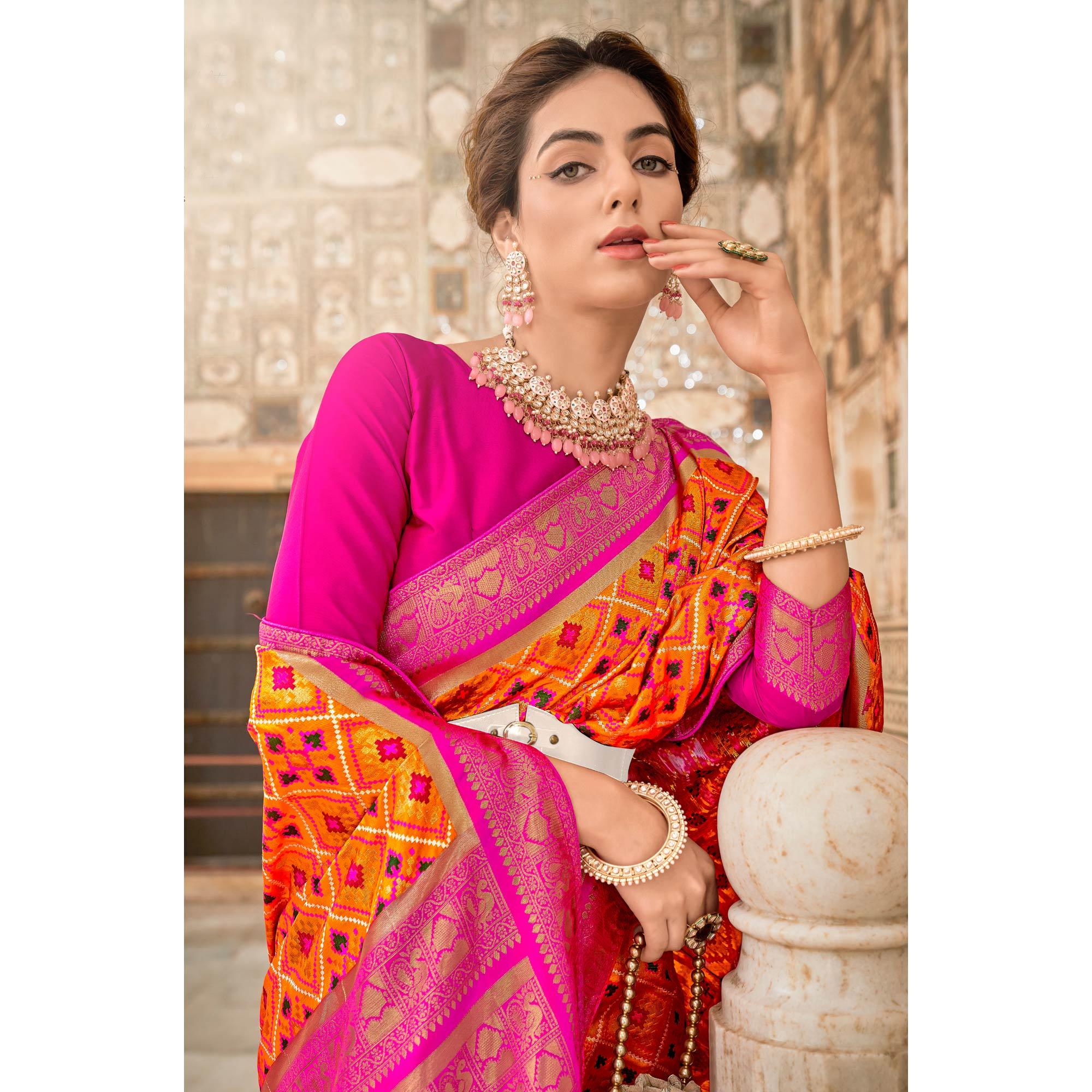 Orange Woven Art Silk Patola Saree With Tassels - Peachmode