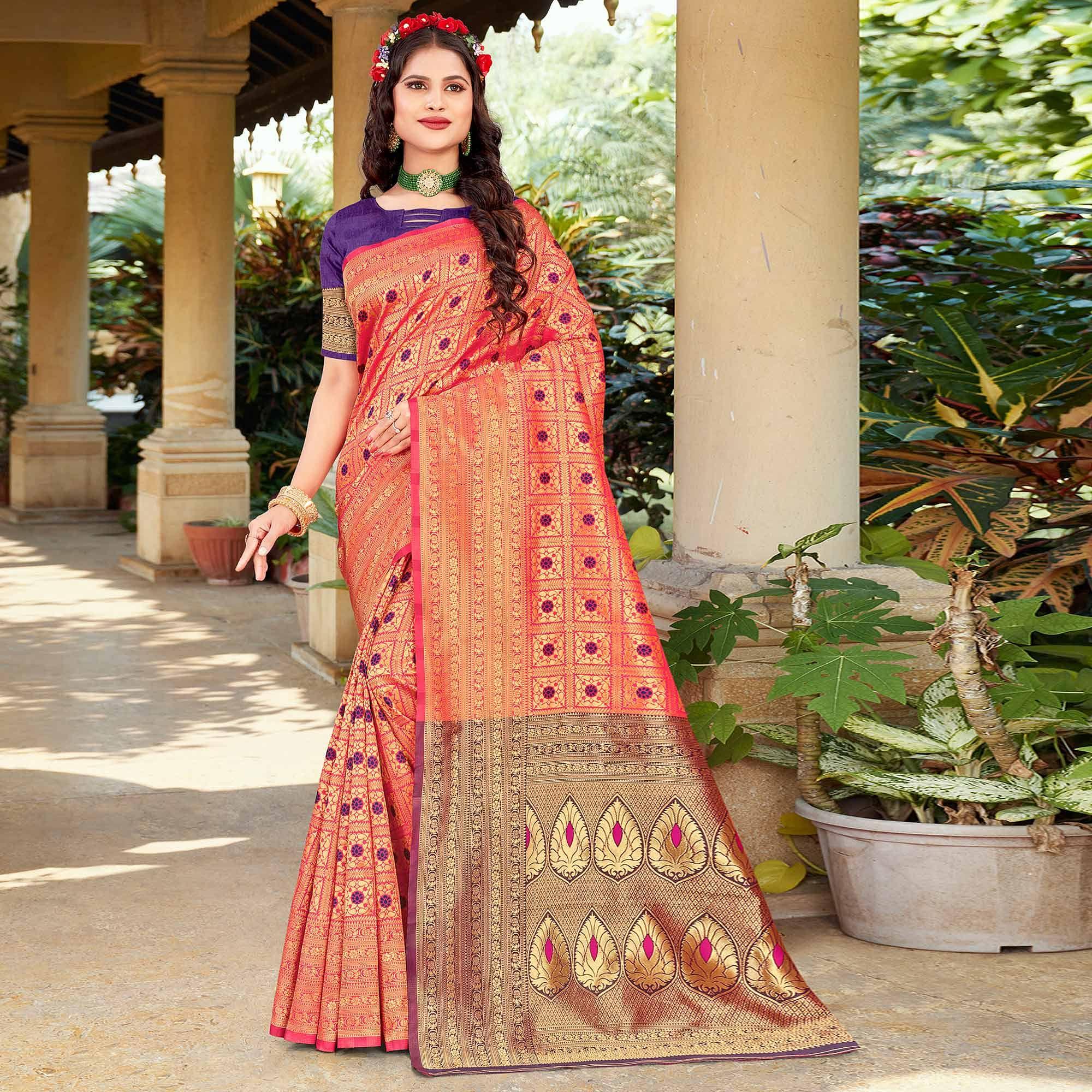Orange Woven Art Silk Saree - Peachmode