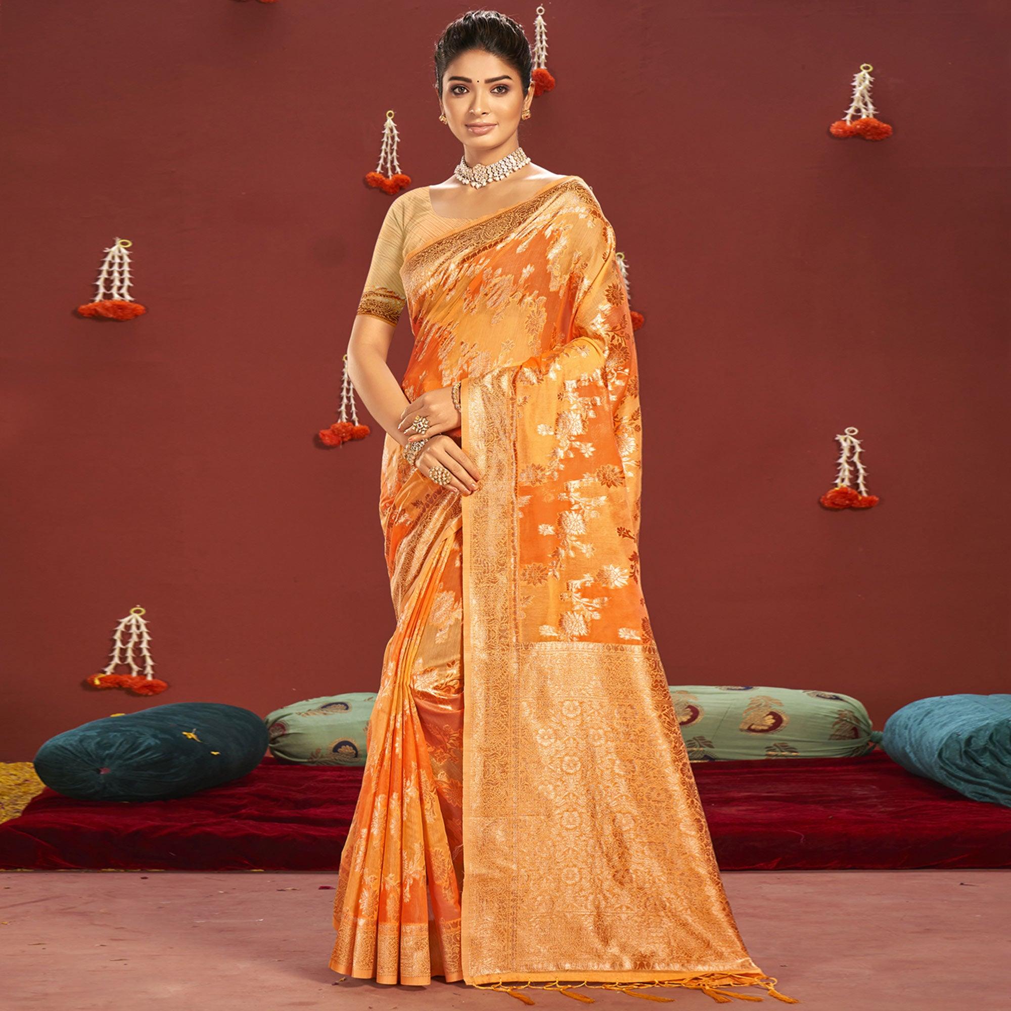 Orange Woven Art Silk Saree - Peachmode