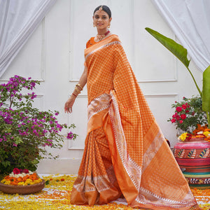Orange Woven Art Silk Saree - Peachmode