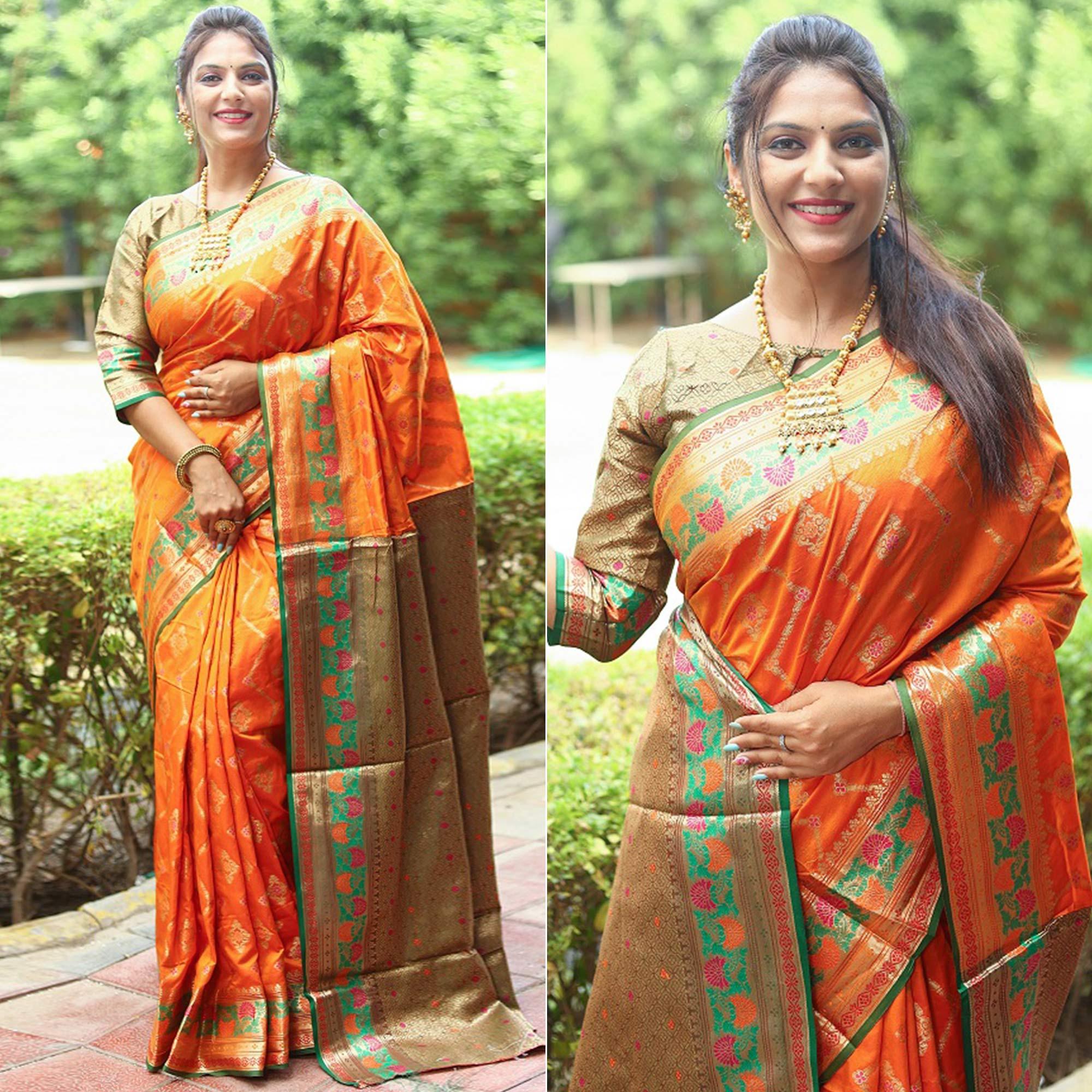 Orange Woven Art Silk Saree - Peachmode