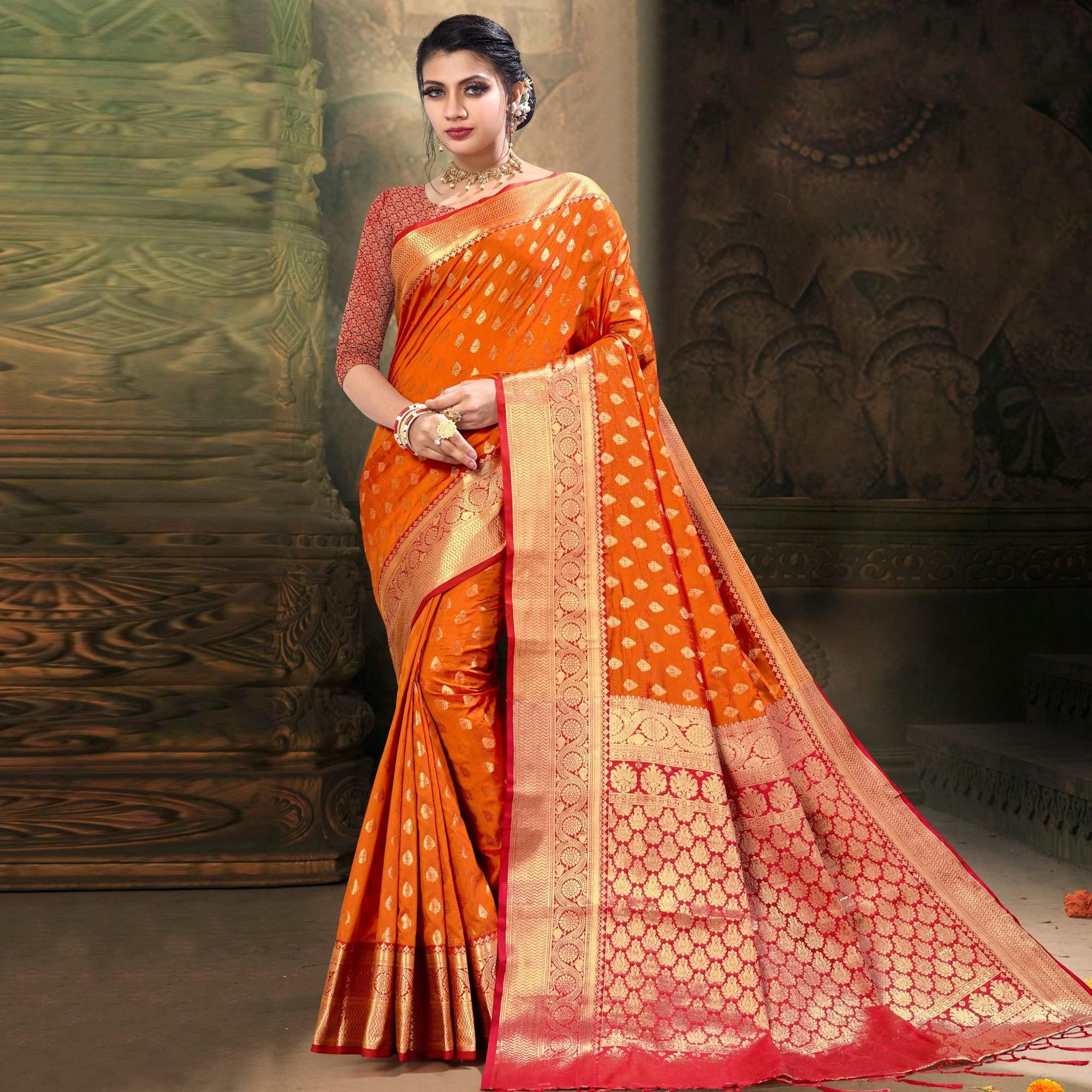 Orange Woven Art Silk Saree - Peachmode