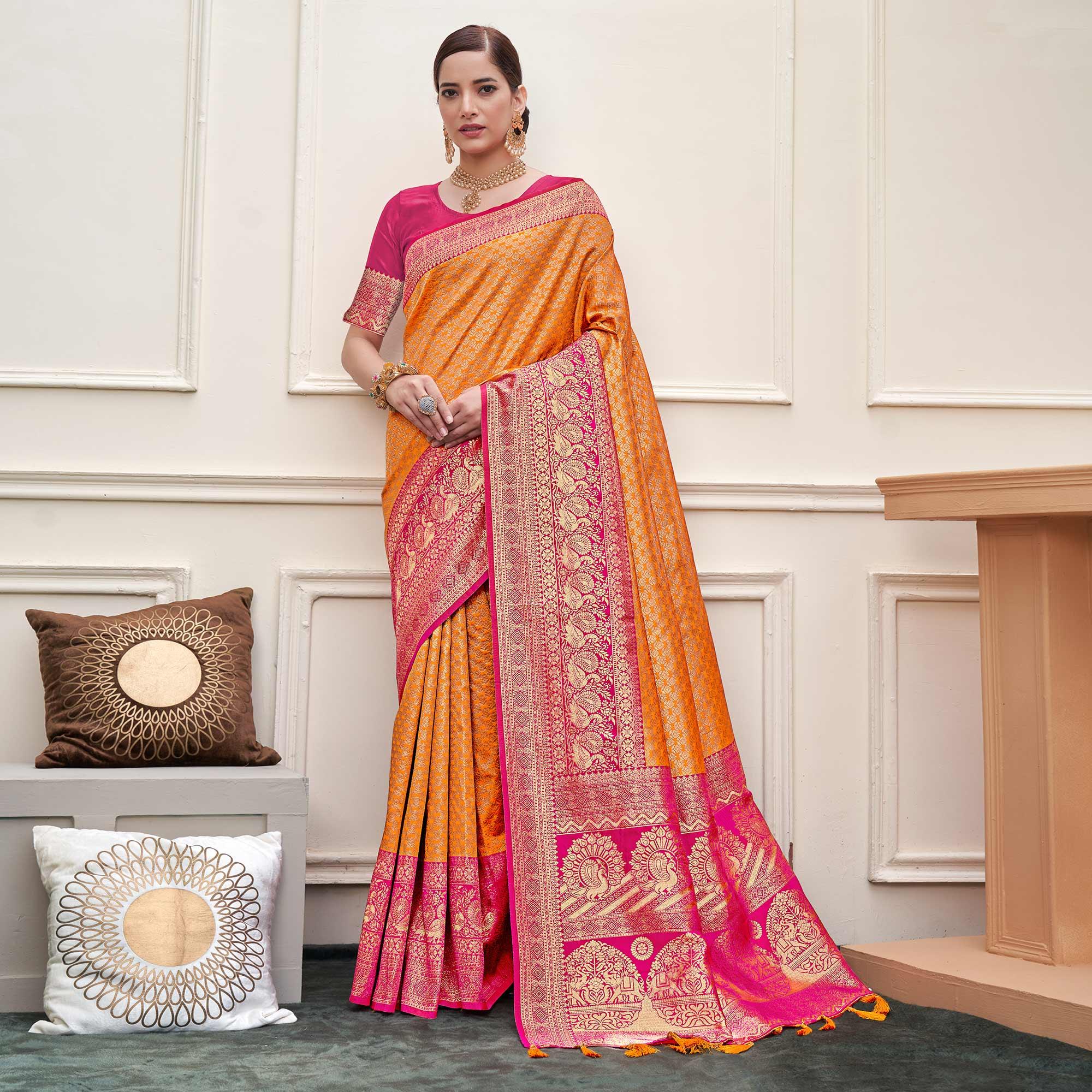 Orange Woven Art Silk Saree - Peachmode
