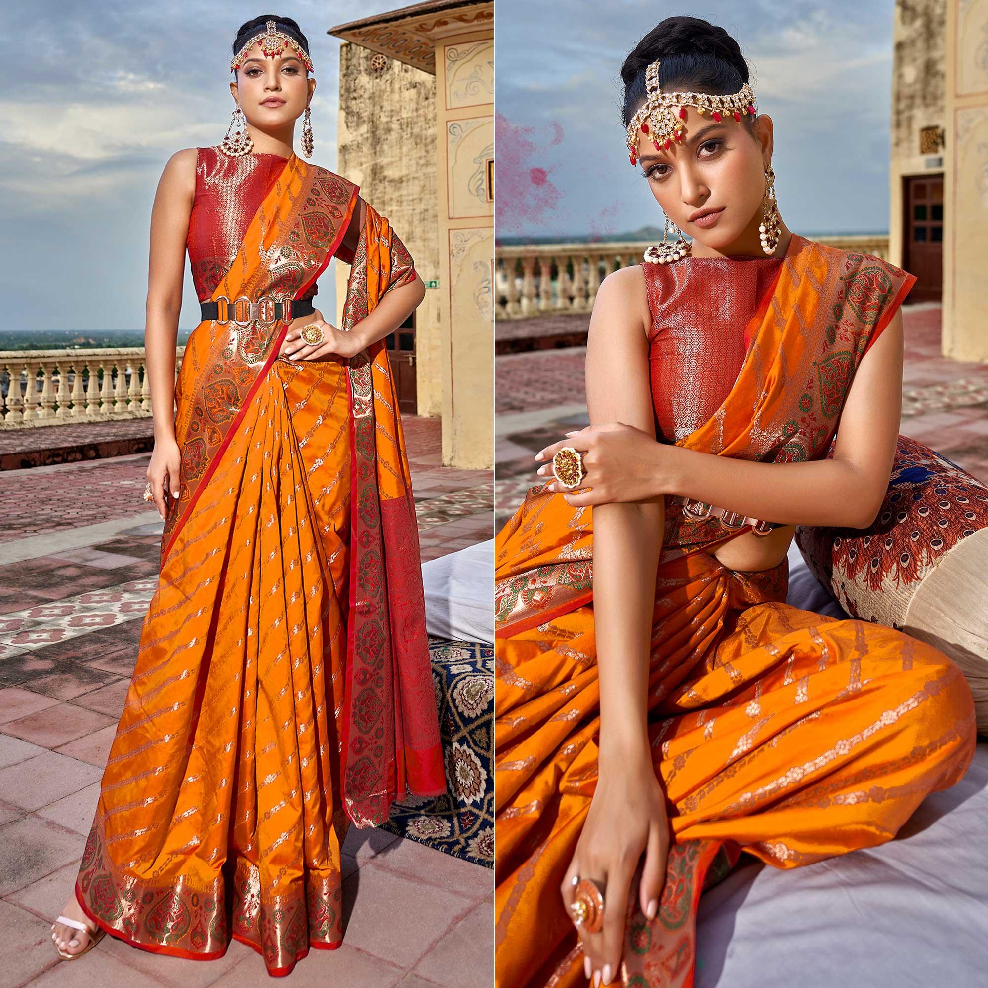 Orange Woven Art Silk Saree - Peachmode