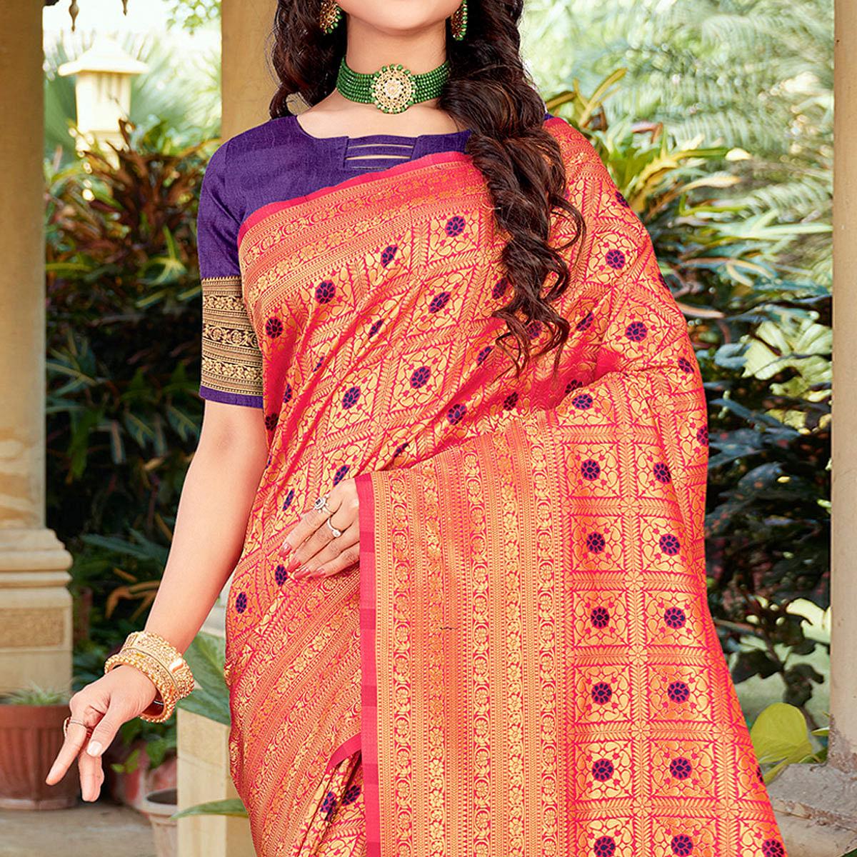Orange Woven Art Silk Saree - Peachmode
