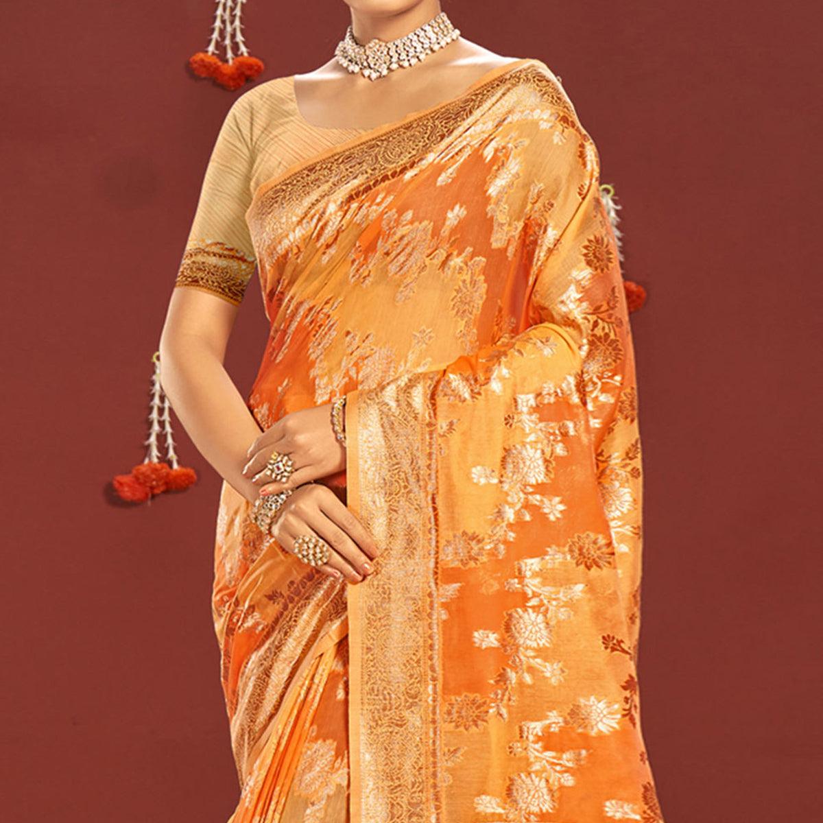 Orange Woven Art Silk Saree - Peachmode