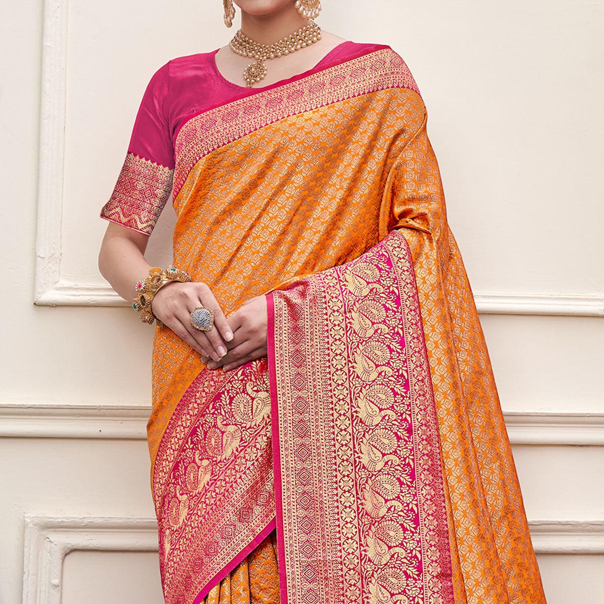 Orange Woven Art Silk Saree - Peachmode