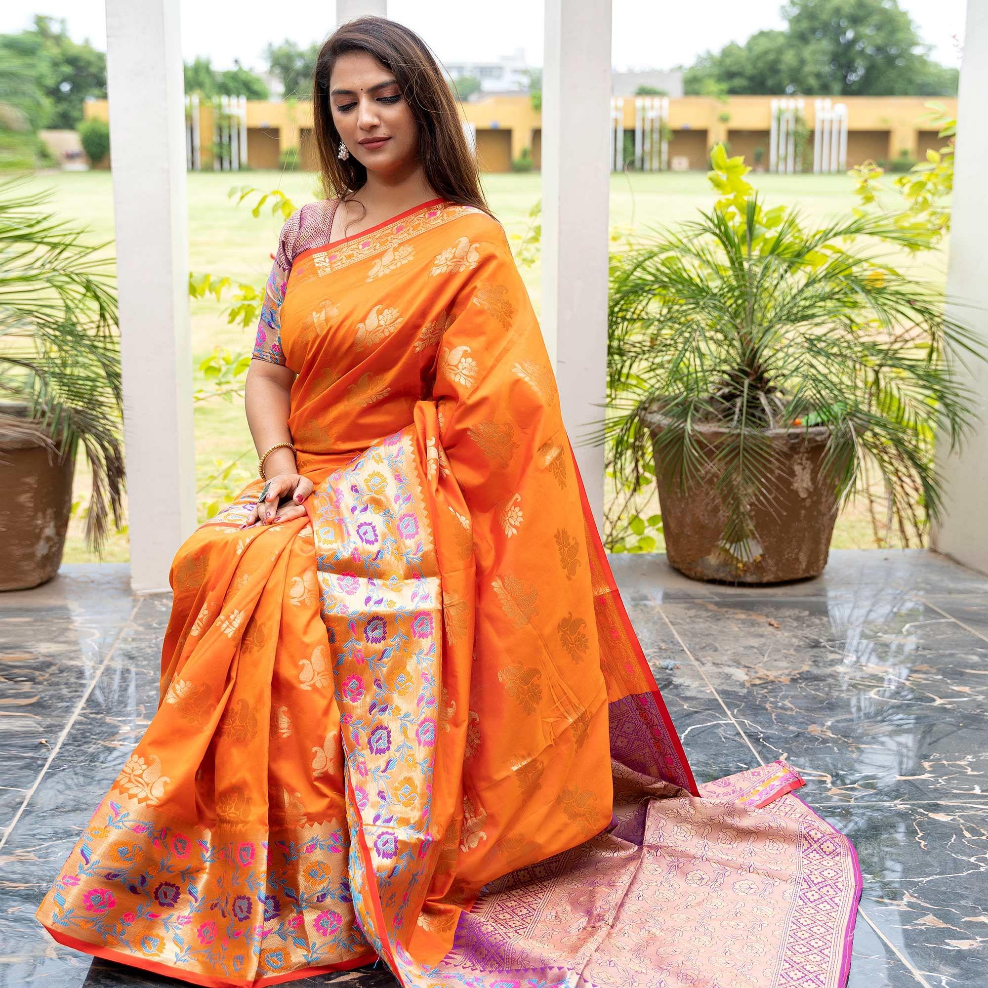 Orange Woven Art Silk Saree - Peachmode