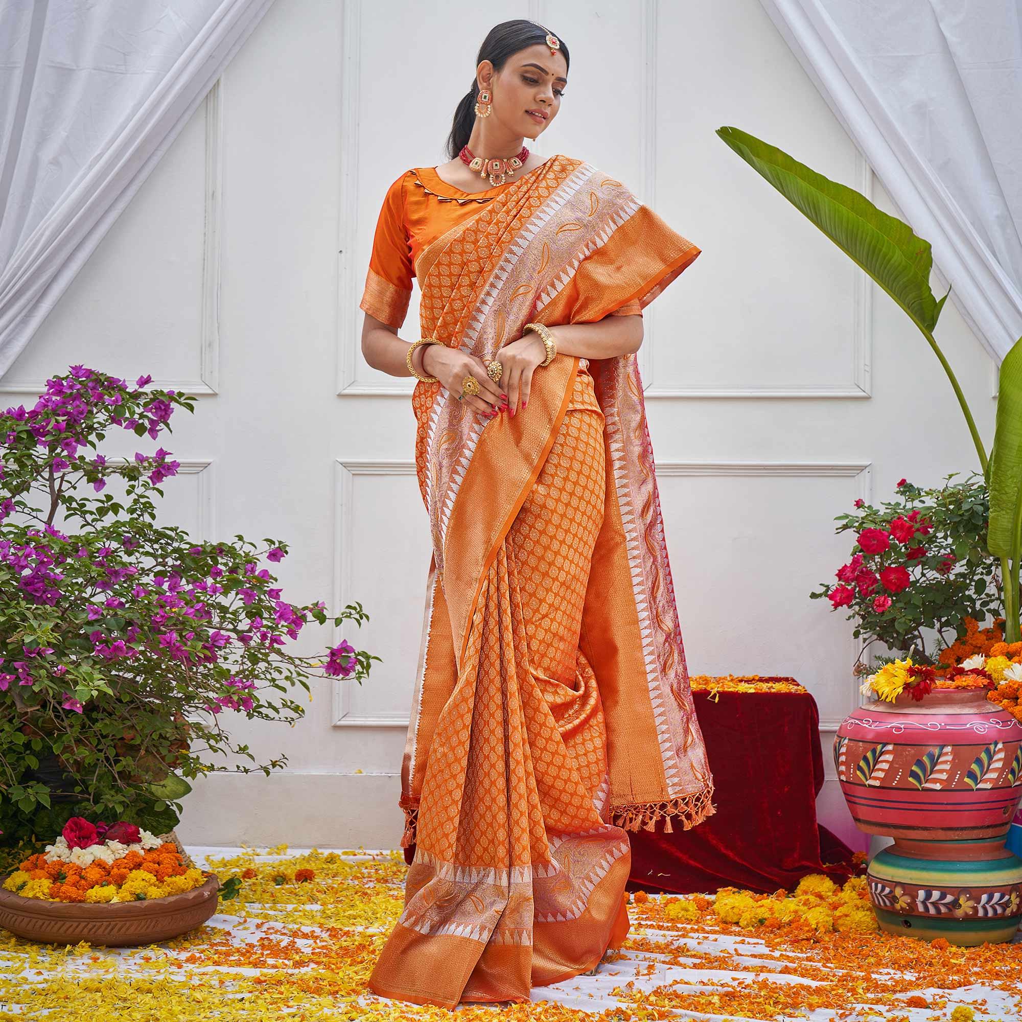 Orange Woven Art Silk Saree - Peachmode