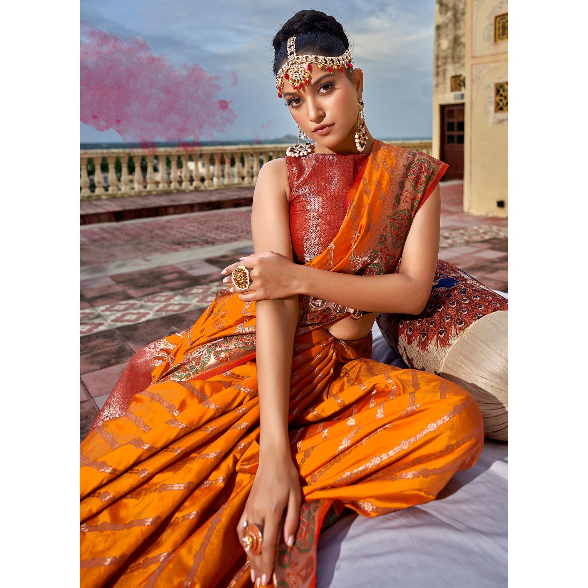 Orange Woven Art Silk Saree - Peachmode