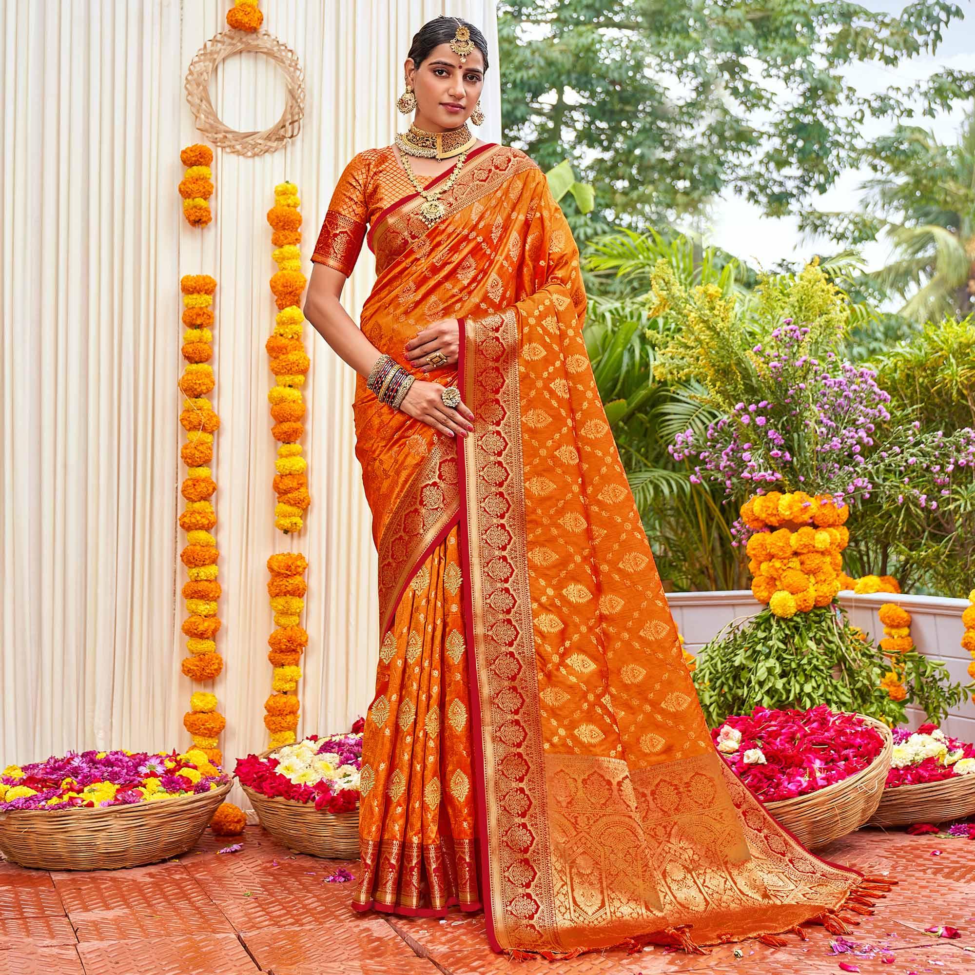 Orange Woven Art Silk Saree With Tassels - Peachmode