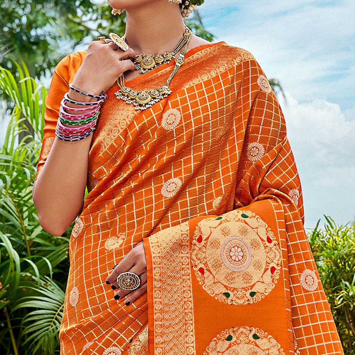 Orange Woven Art Silk Saree With Tassels - Peachmode