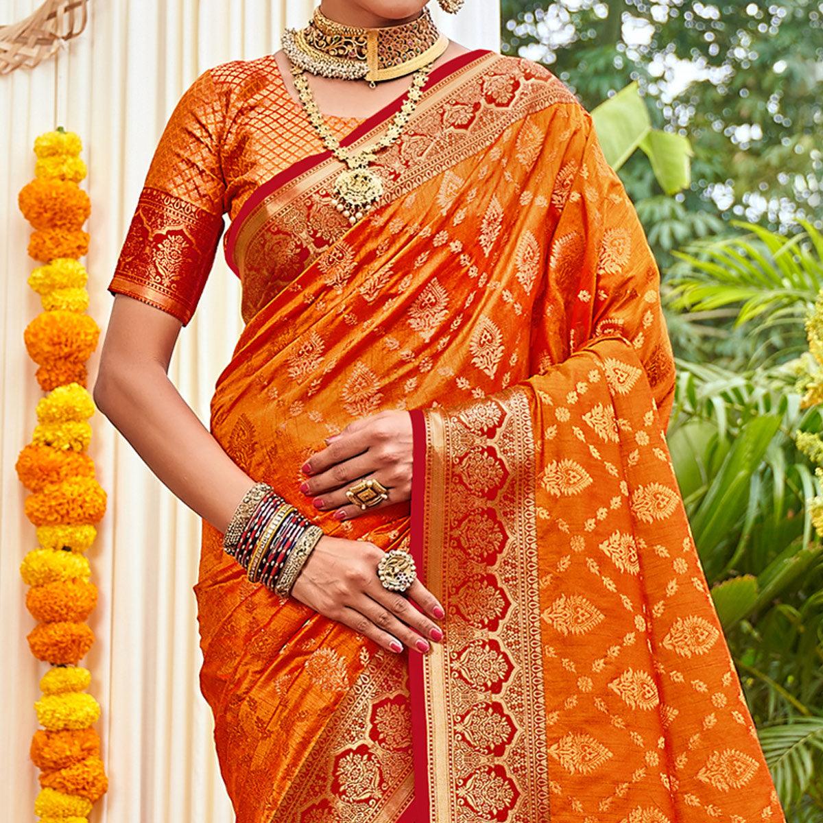 Orange Woven Art Silk Saree With Tassels - Peachmode