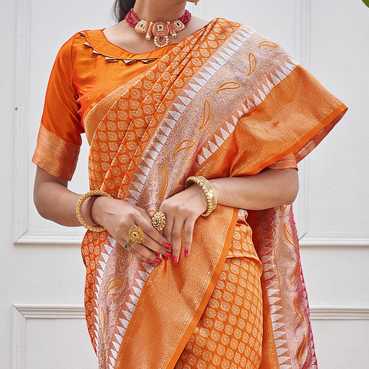 Orange Woven Art Silk Saree With Tassels - Peachmode