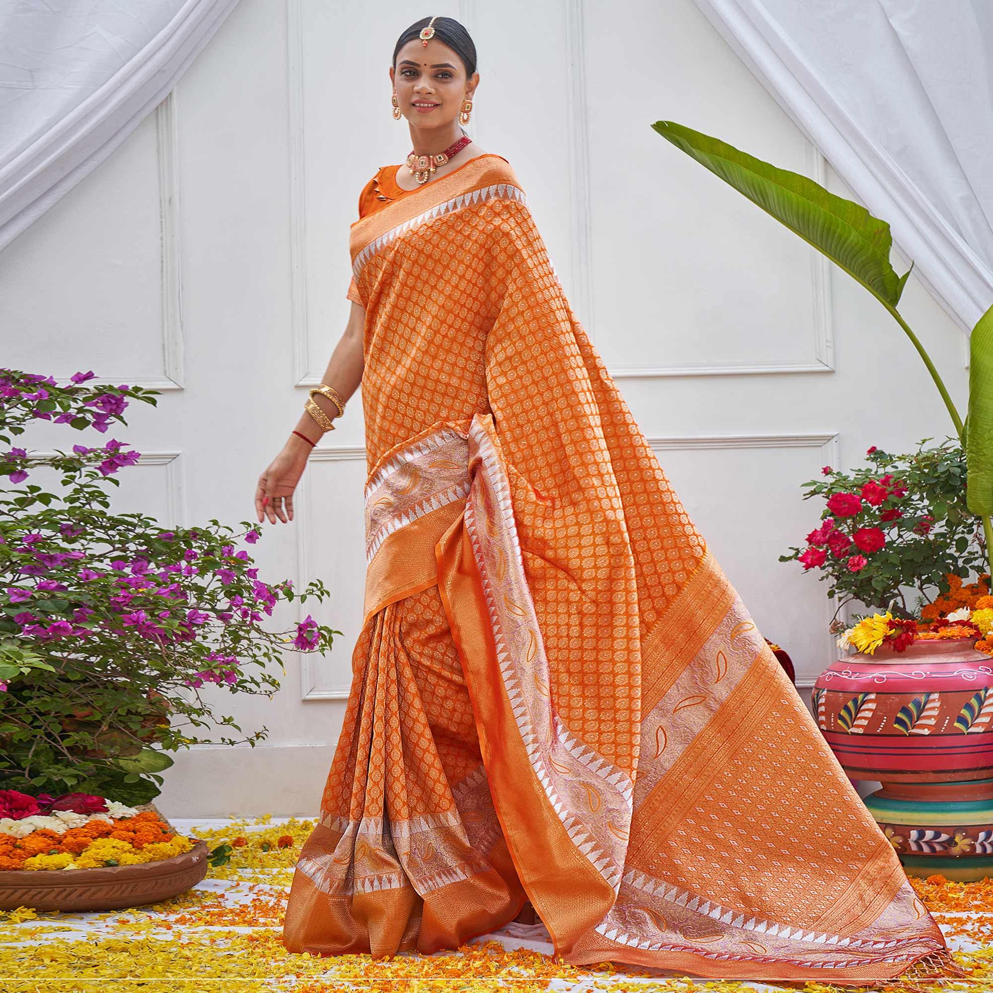 Orange Woven Art Silk Saree With Tassels - Peachmode