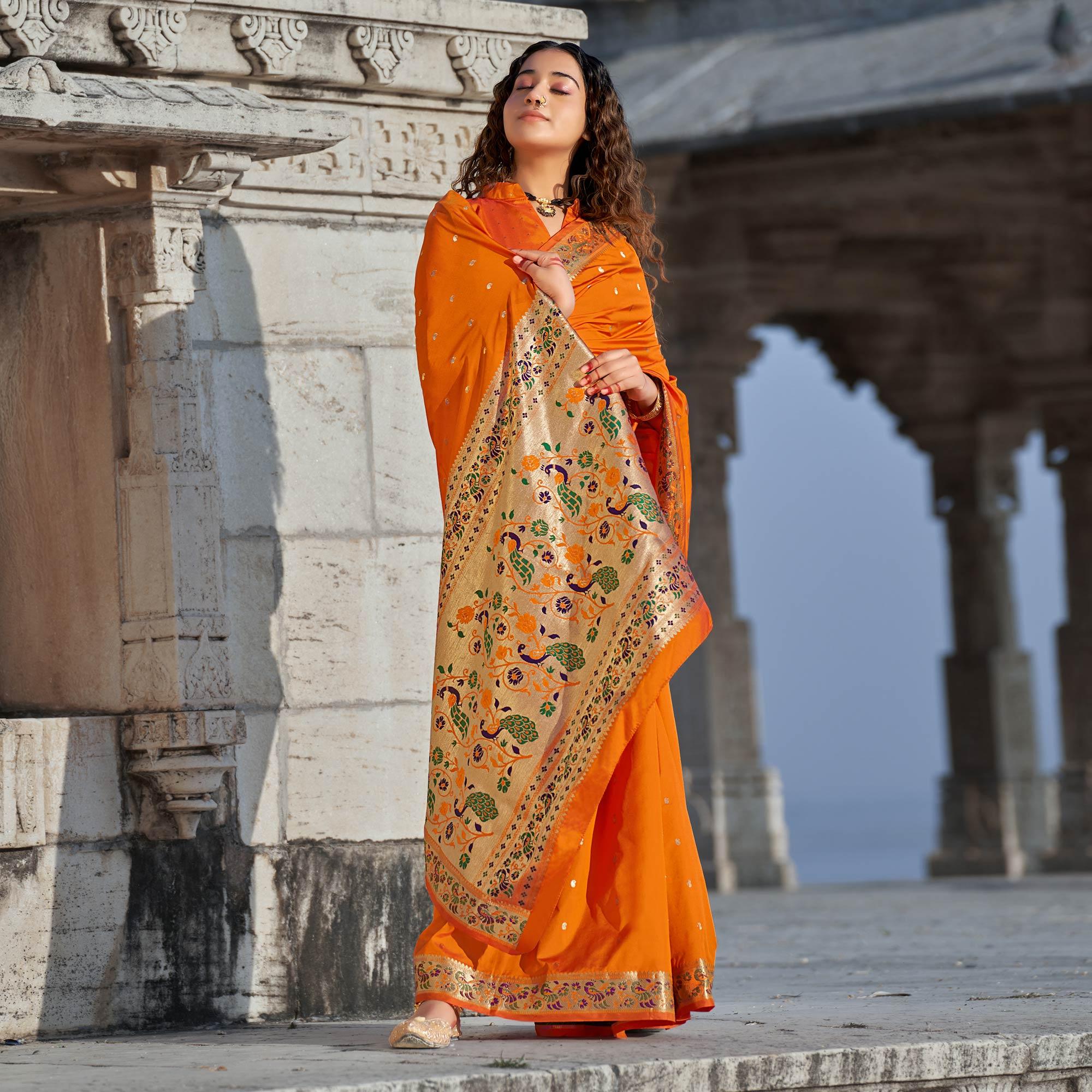 Orange Woven Banarasi Silk Paithani Saree - Peachmode