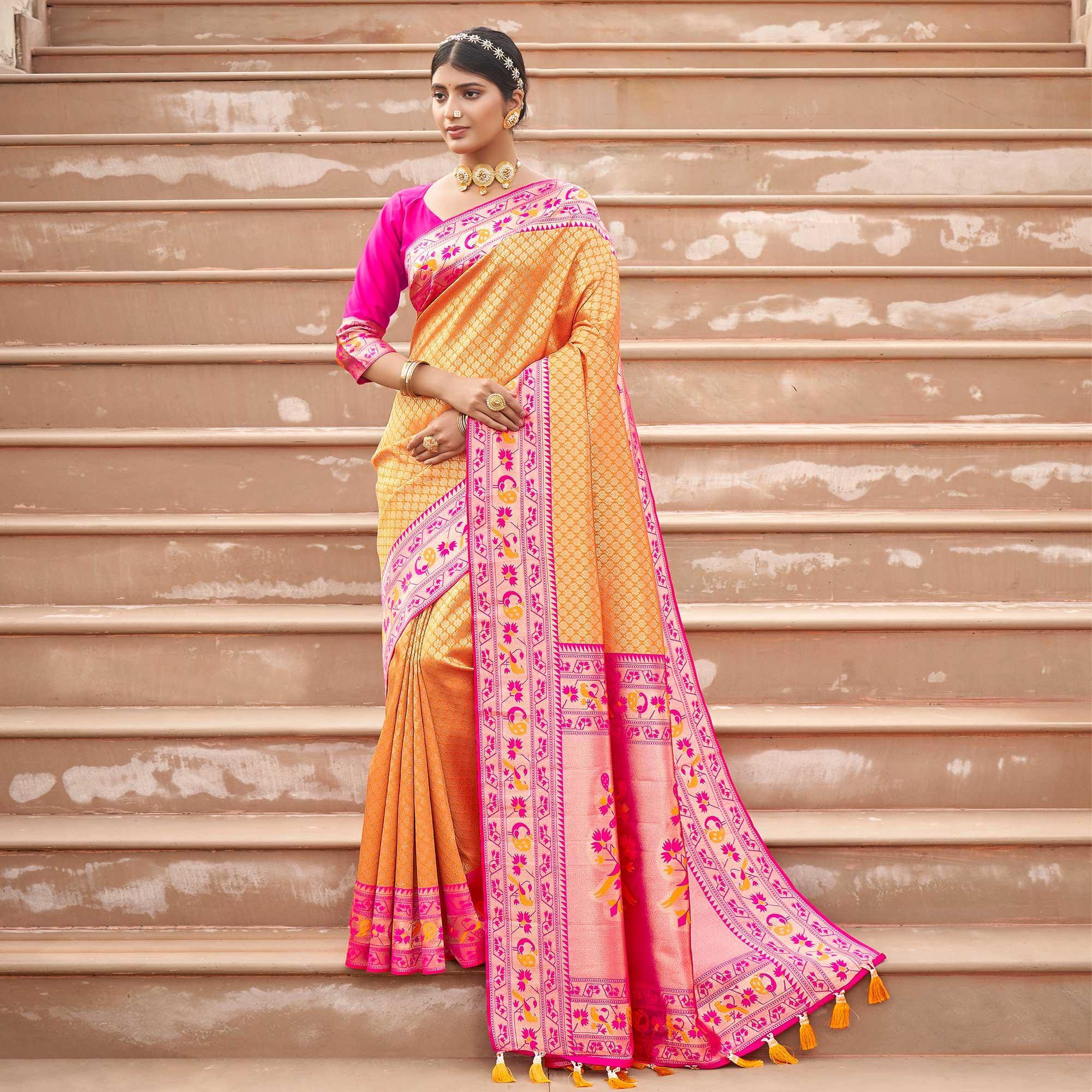 Orange Woven Banarasi Silk Saree - Peachmode