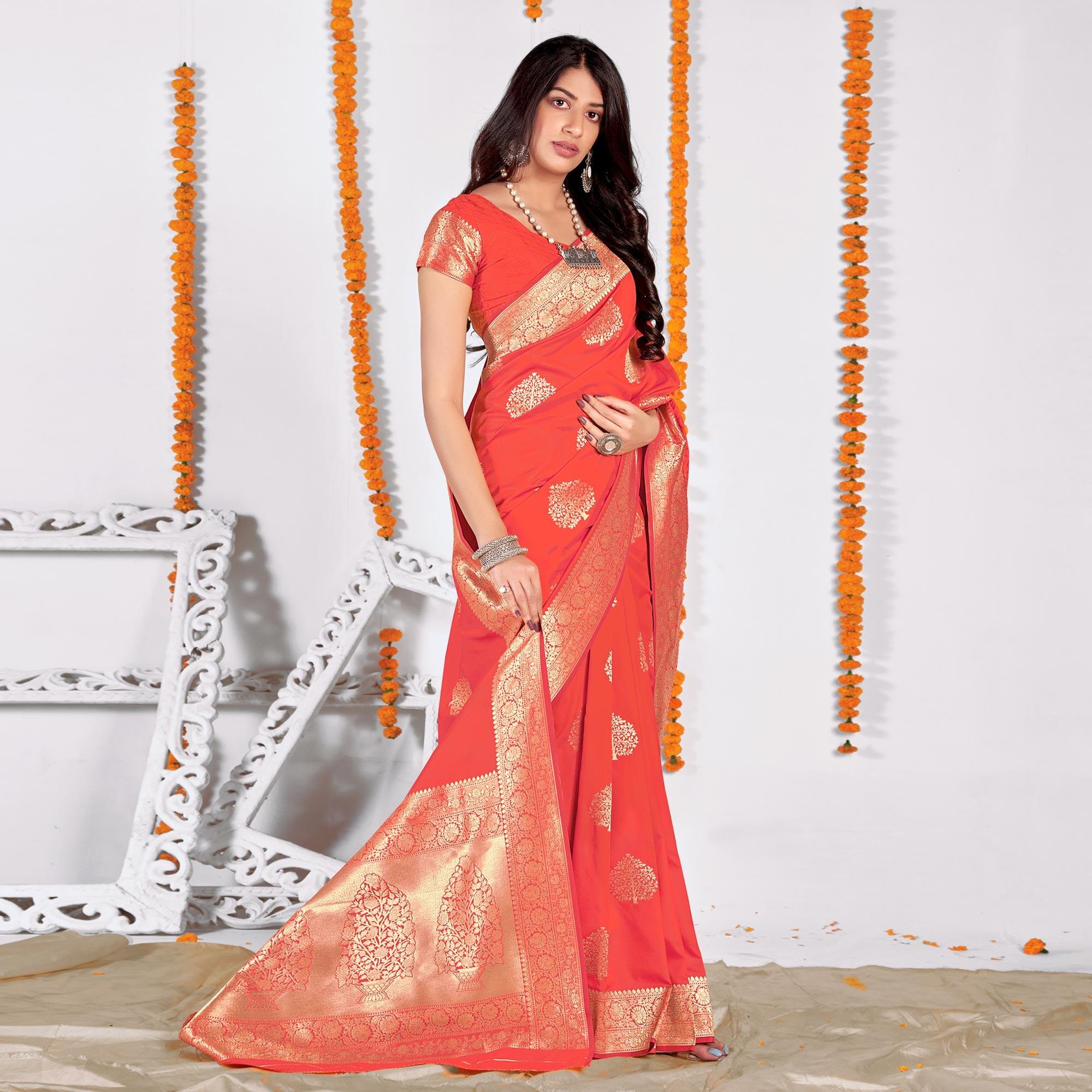 Orange Woven Banarasi Silk Saree - Peachmode