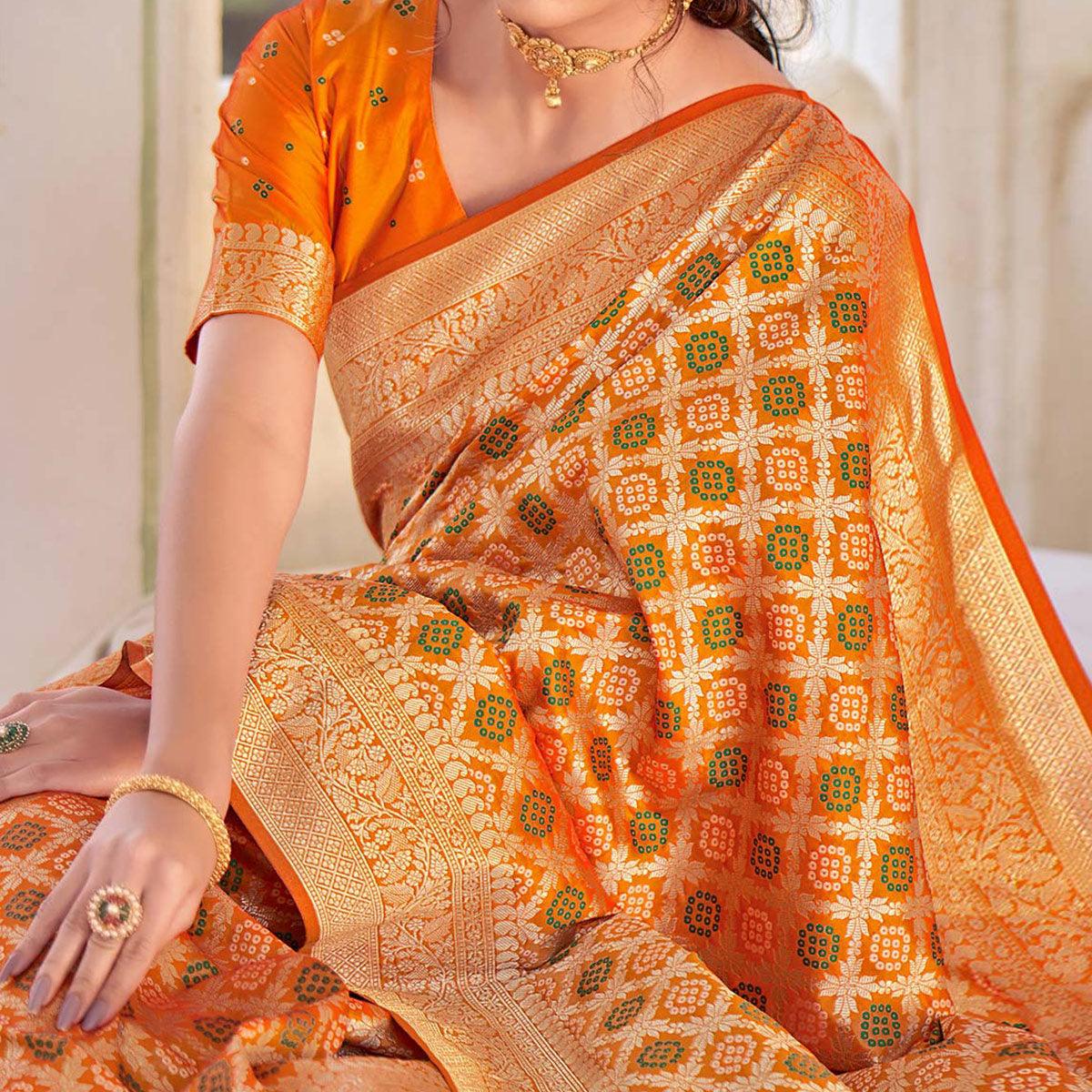 Orange Woven Banarasi Silk Saree - Peachmode