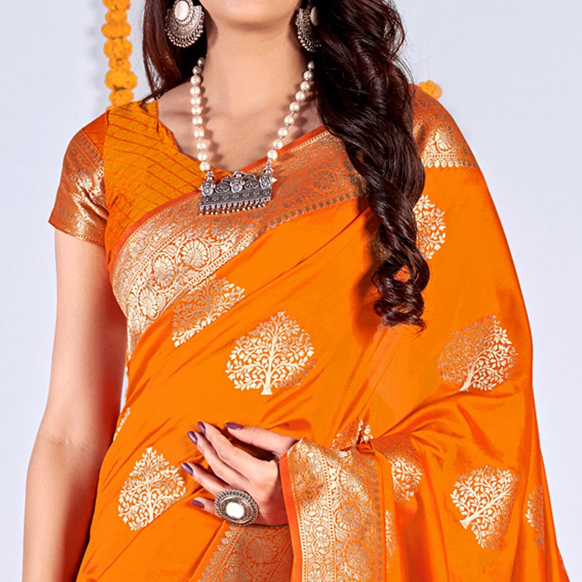 Orange Woven Banarasi Silk Saree - Peachmode