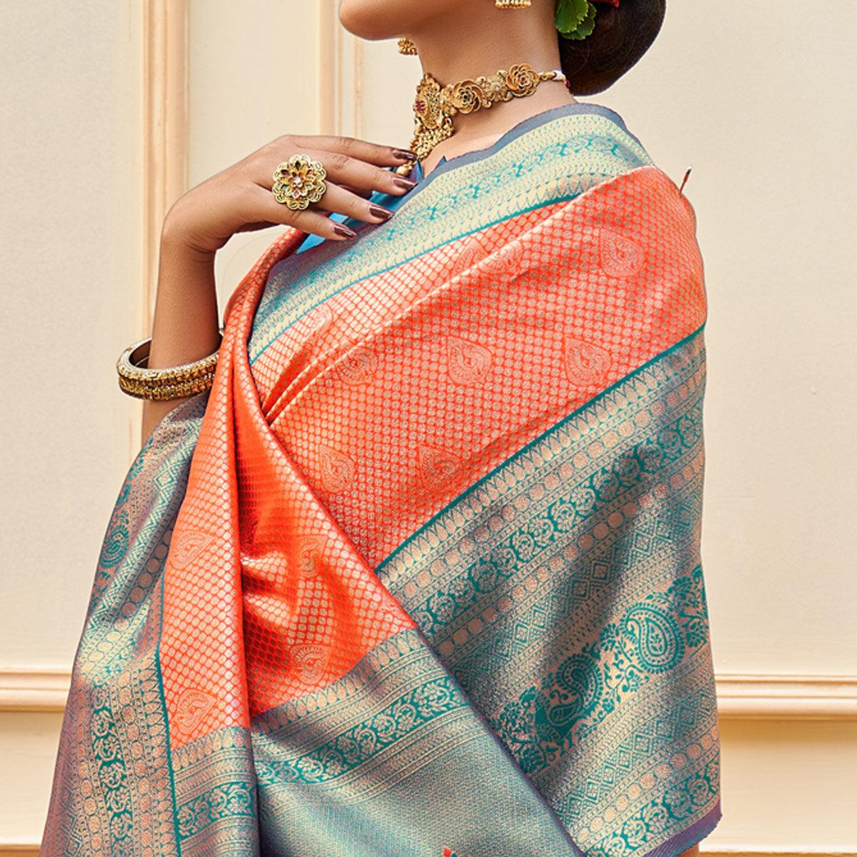 Orange Woven Banarasi Silk Saree - Peachmode