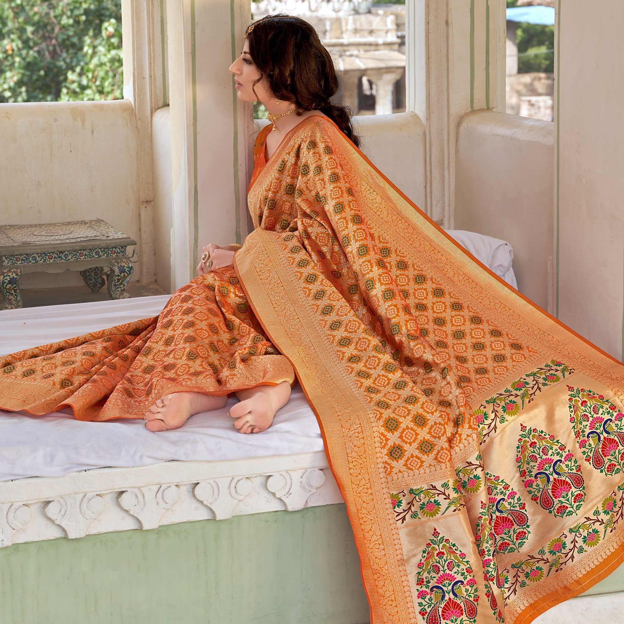 Orange Woven Banarasi Silk Saree - Peachmode