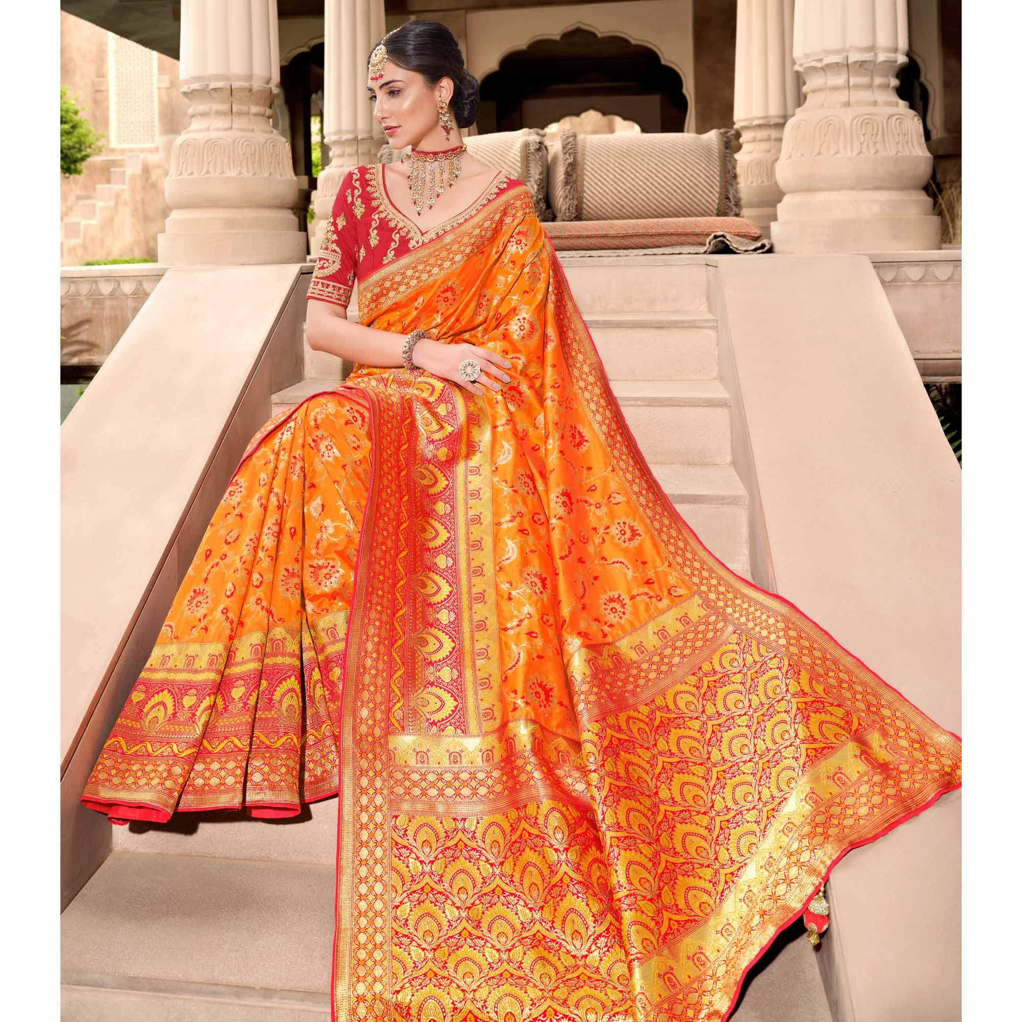 Orange Woven Banarasi Silk Saree With Tassels - Peachmode