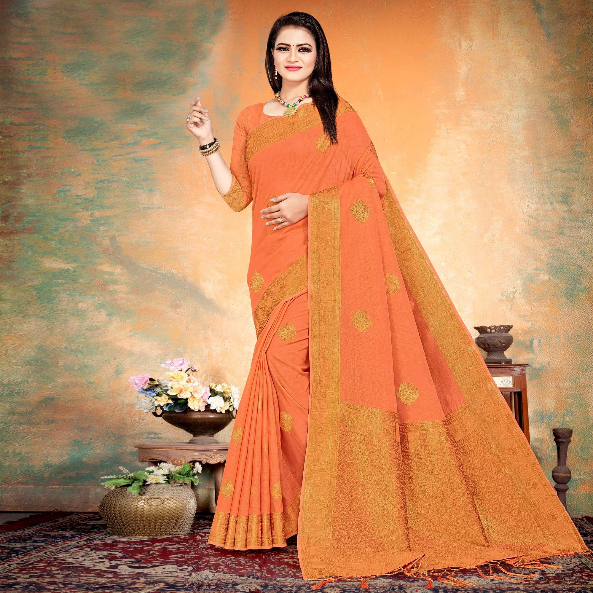 Orange Woven Cotton Silk Saree - Peachmode
