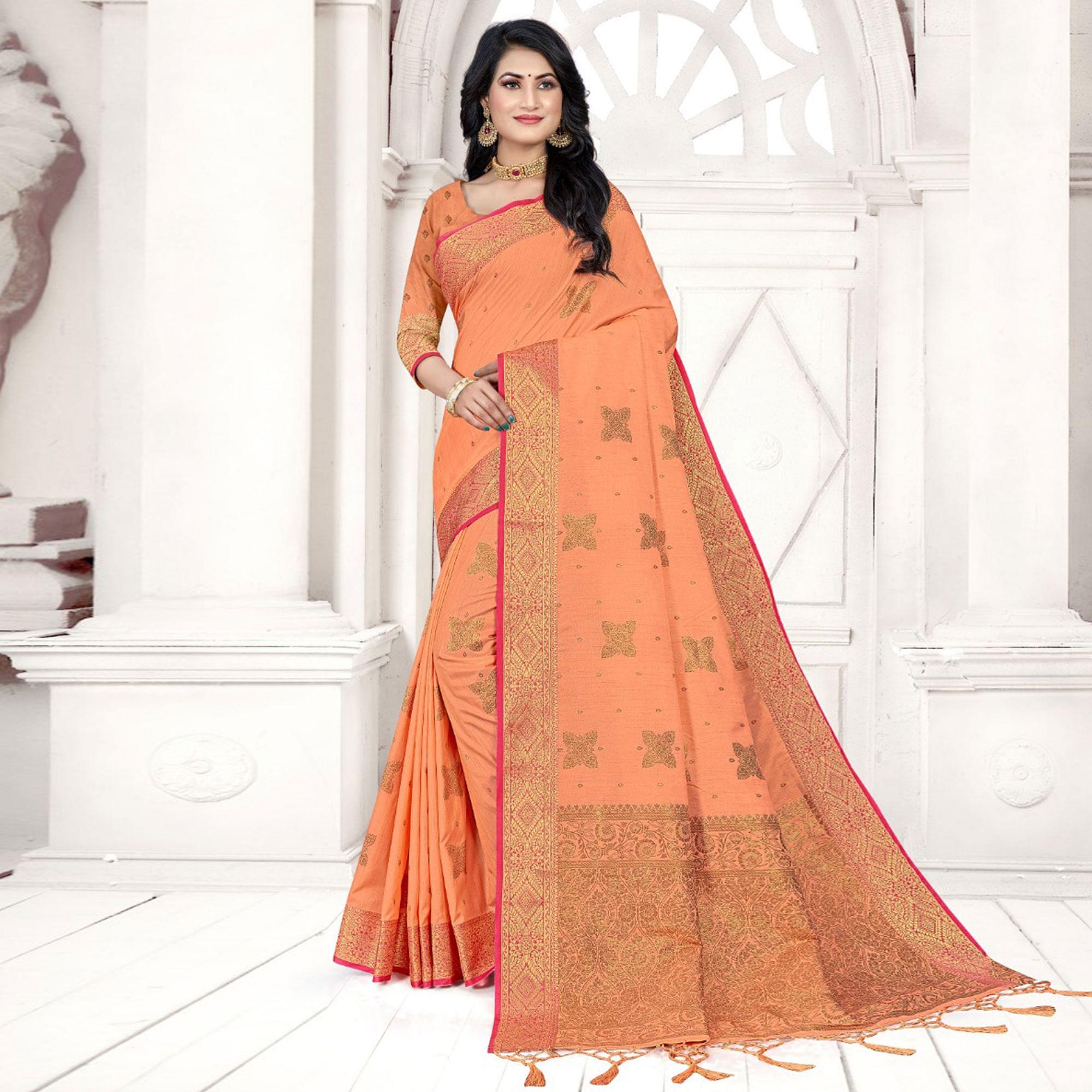 Orange Woven Cotton Silk Saree - Peachmode