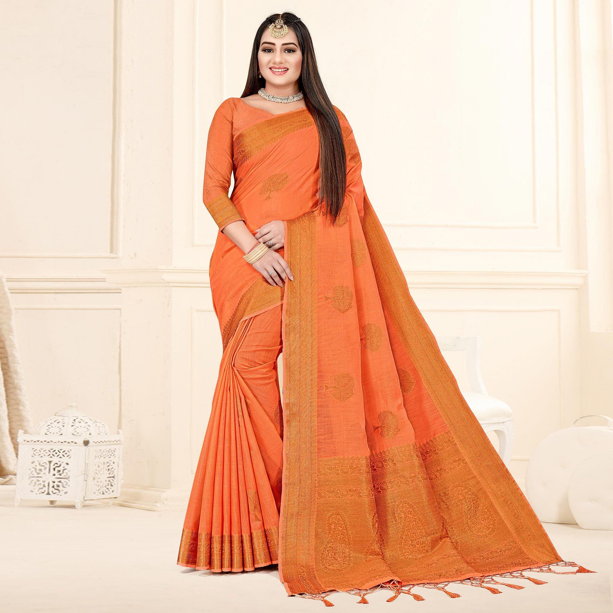 Orange Woven Cotton Silk Saree - Peachmode