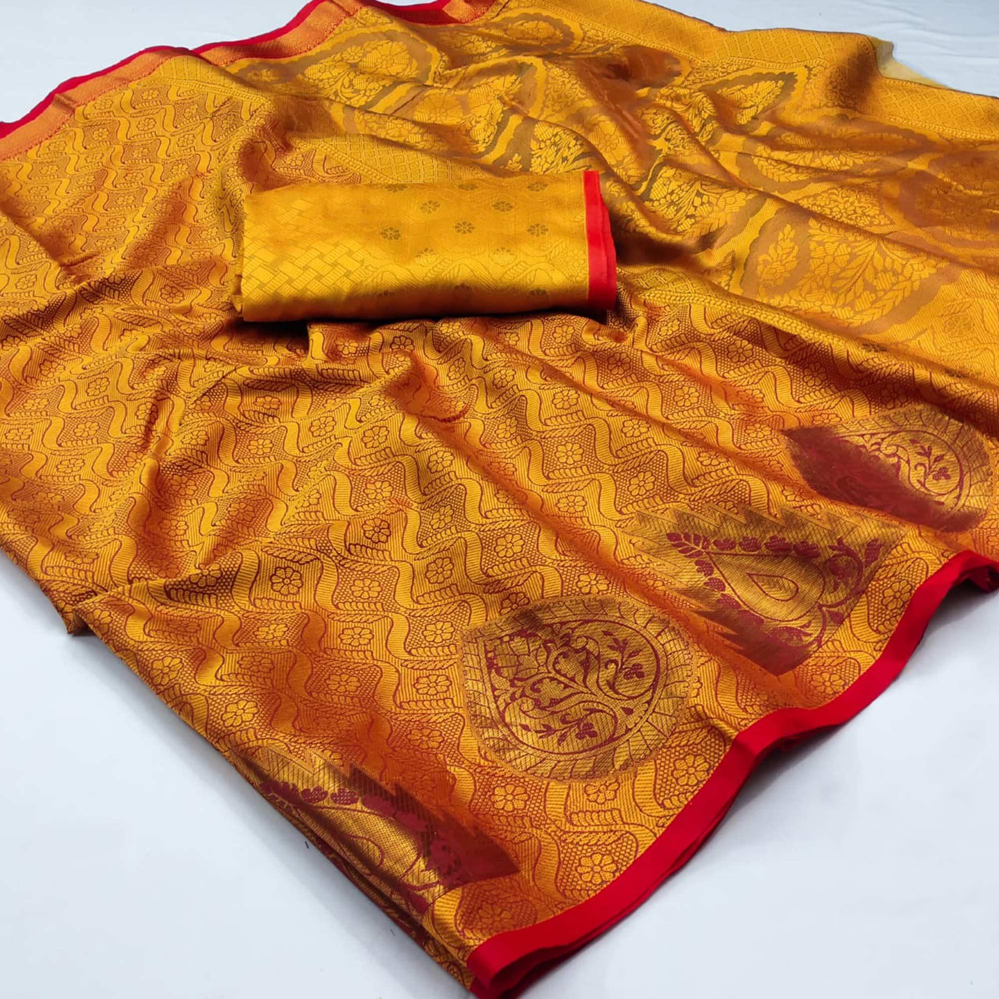 Orange Woven Cotton Silk Saree - Peachmode