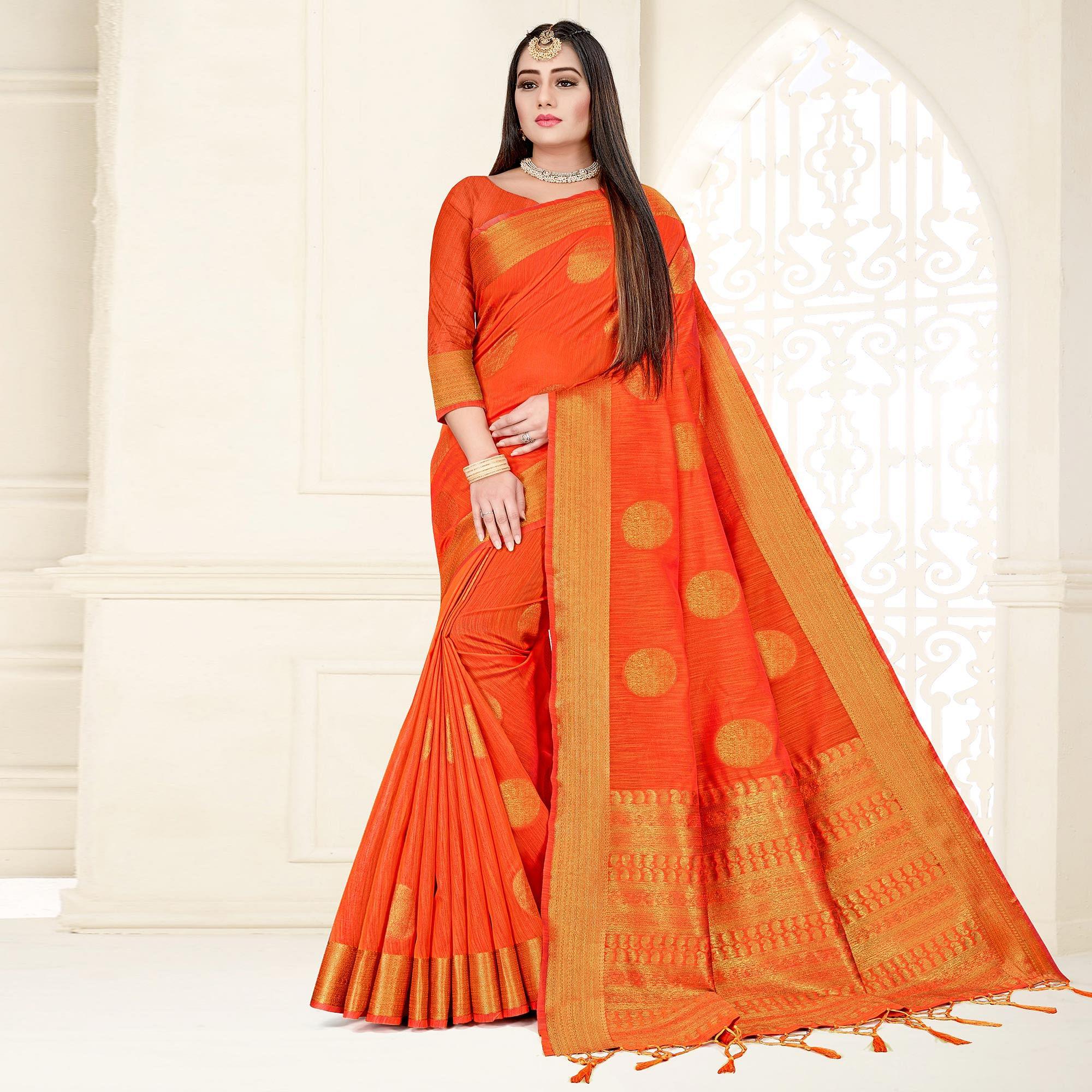 Orange Woven Cotton Silk Saree - Peachmode