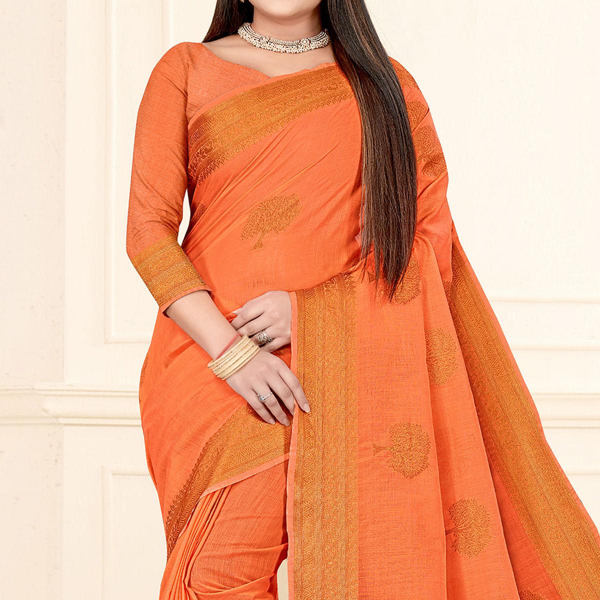 Orange Woven Cotton Silk Saree - Peachmode