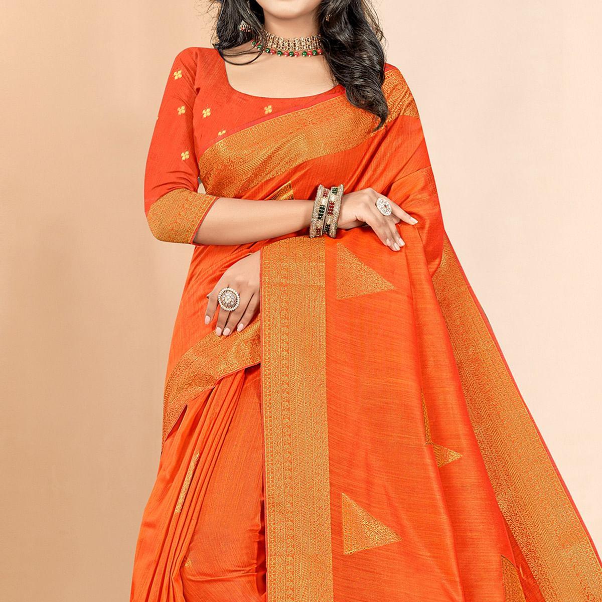 Orange Woven Cotton Silk Saree - Peachmode