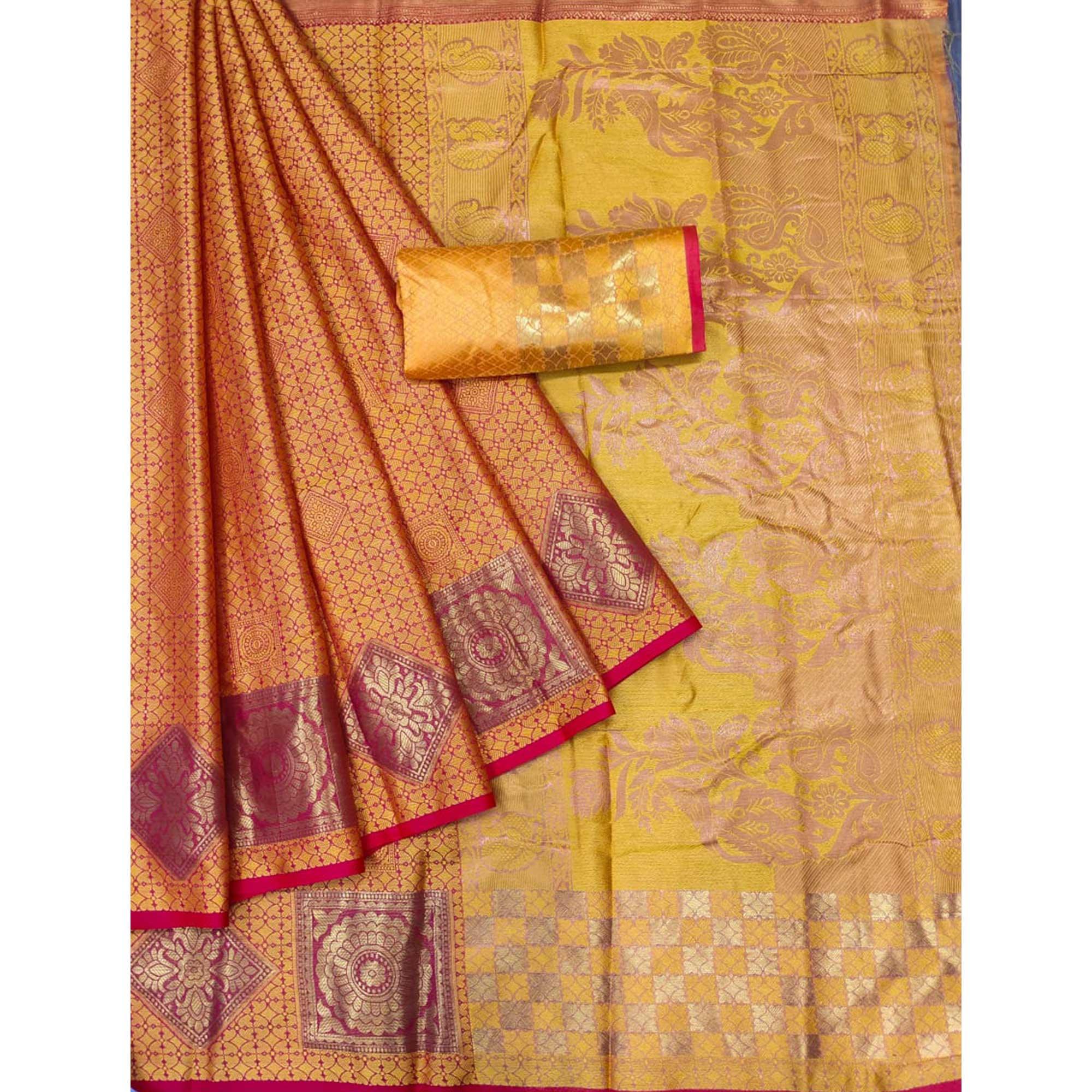 Orange Woven Cotton Silk Saree - Peachmode