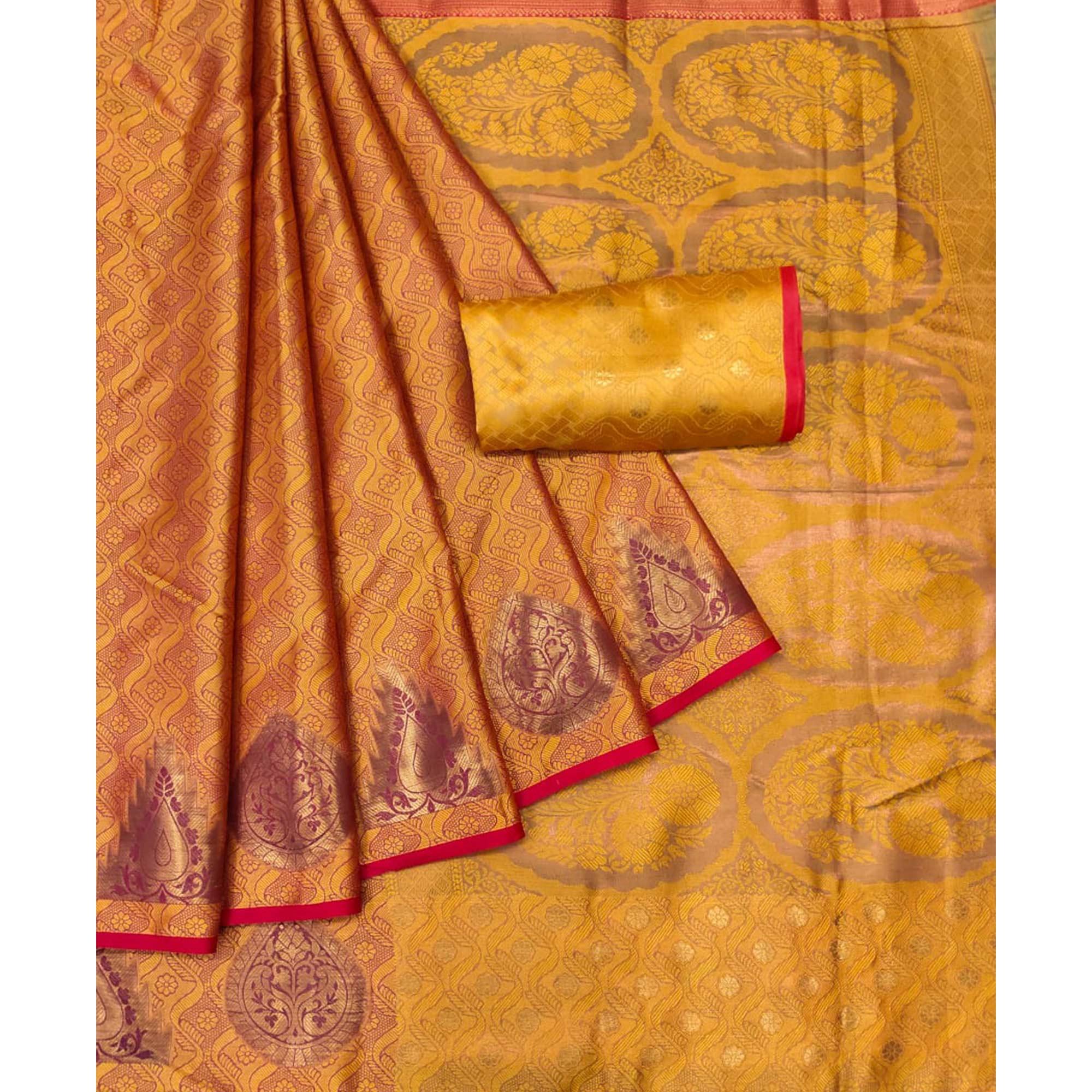 Orange Woven Cotton Silk Saree - Peachmode